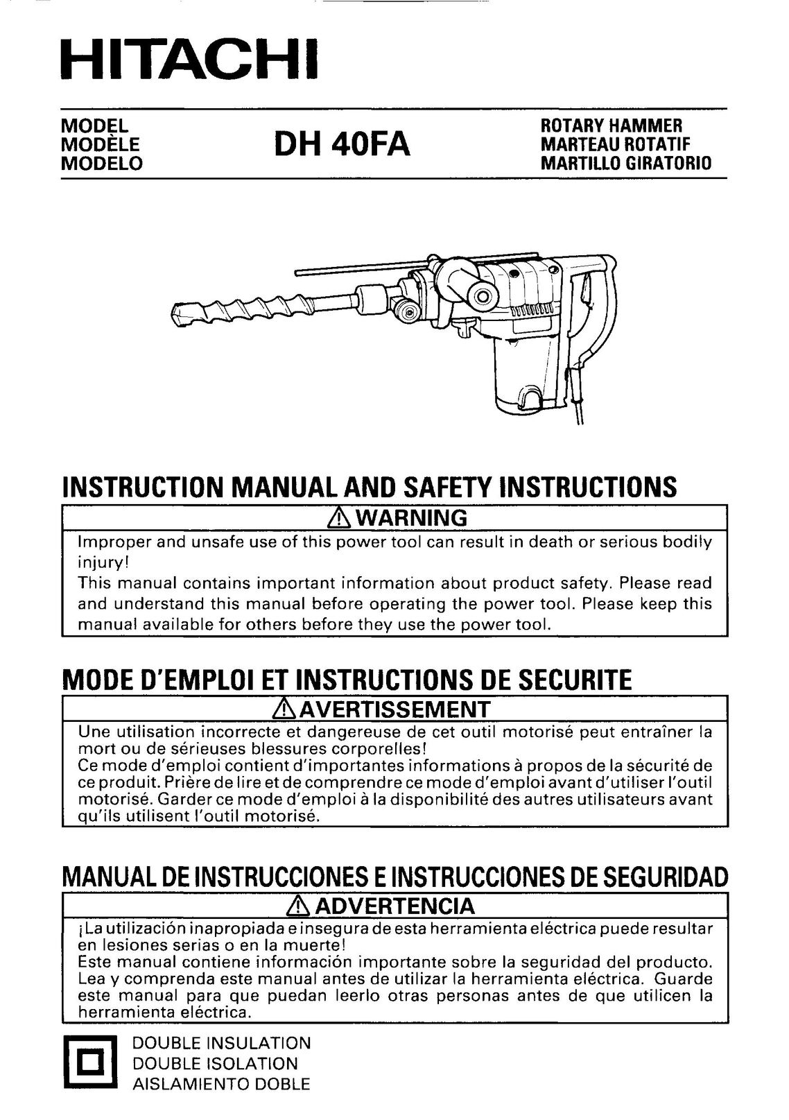 Hitachi DH 40FA Power Hammer User Manual
