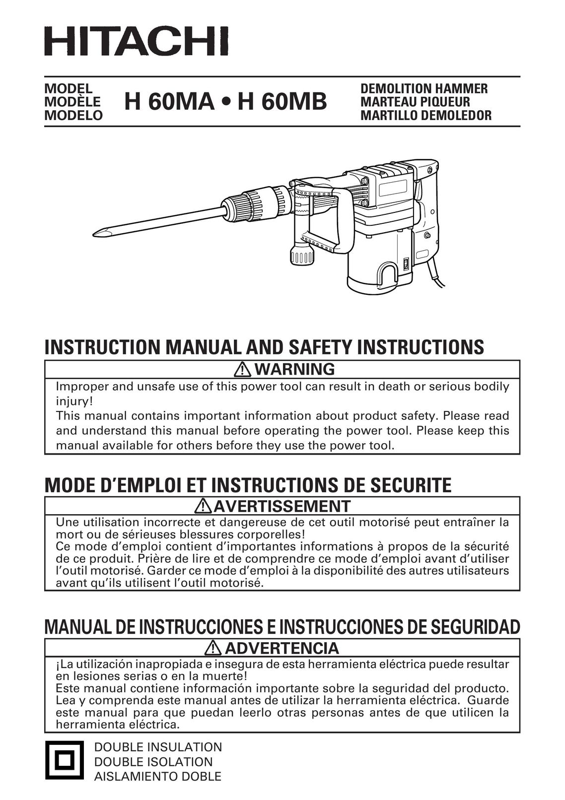 Hitachi H 60MA . H 60MB Power Hammer User Manual