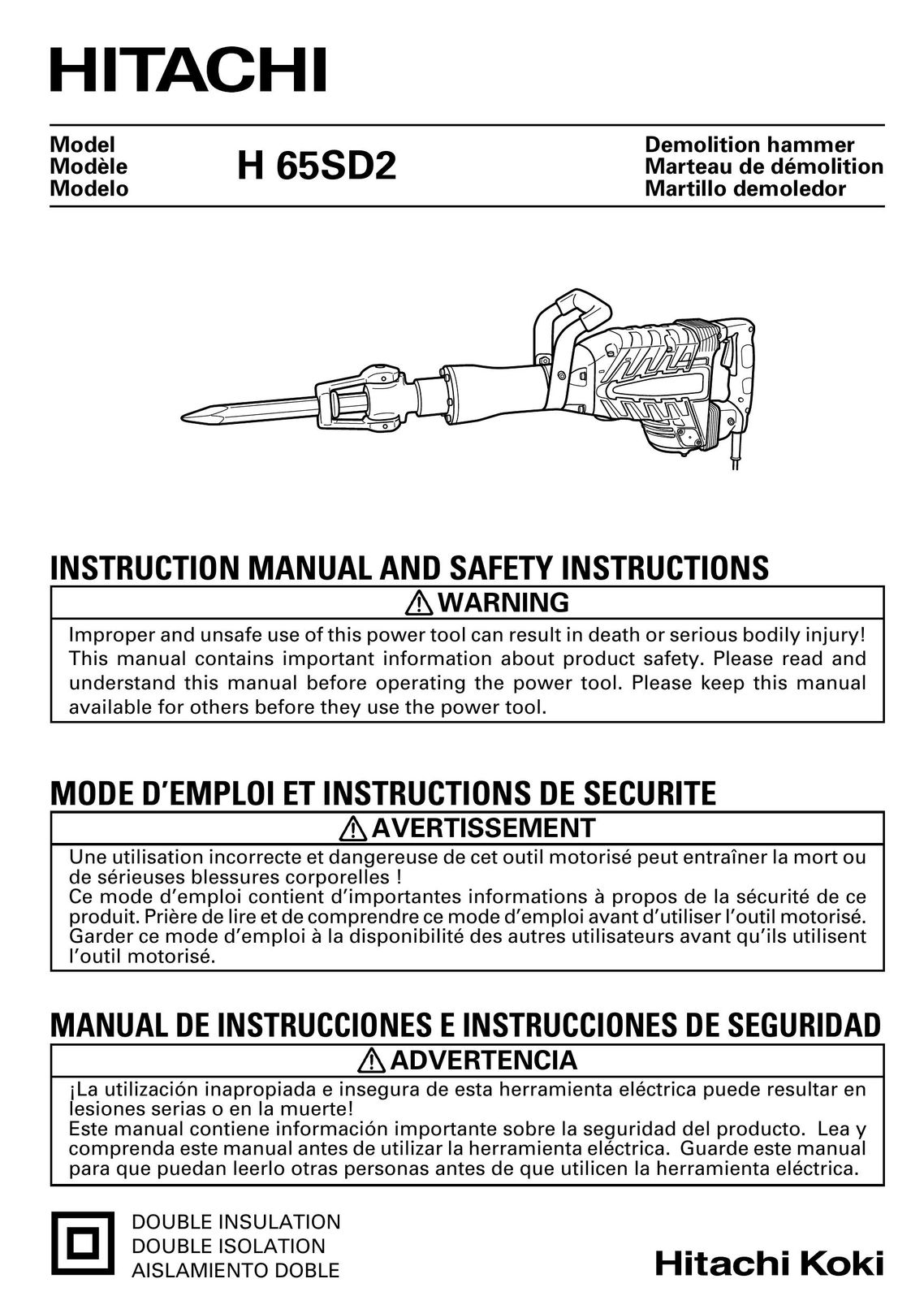 Hitachi Koki USA H 65SD2 Power Hammer User Manual