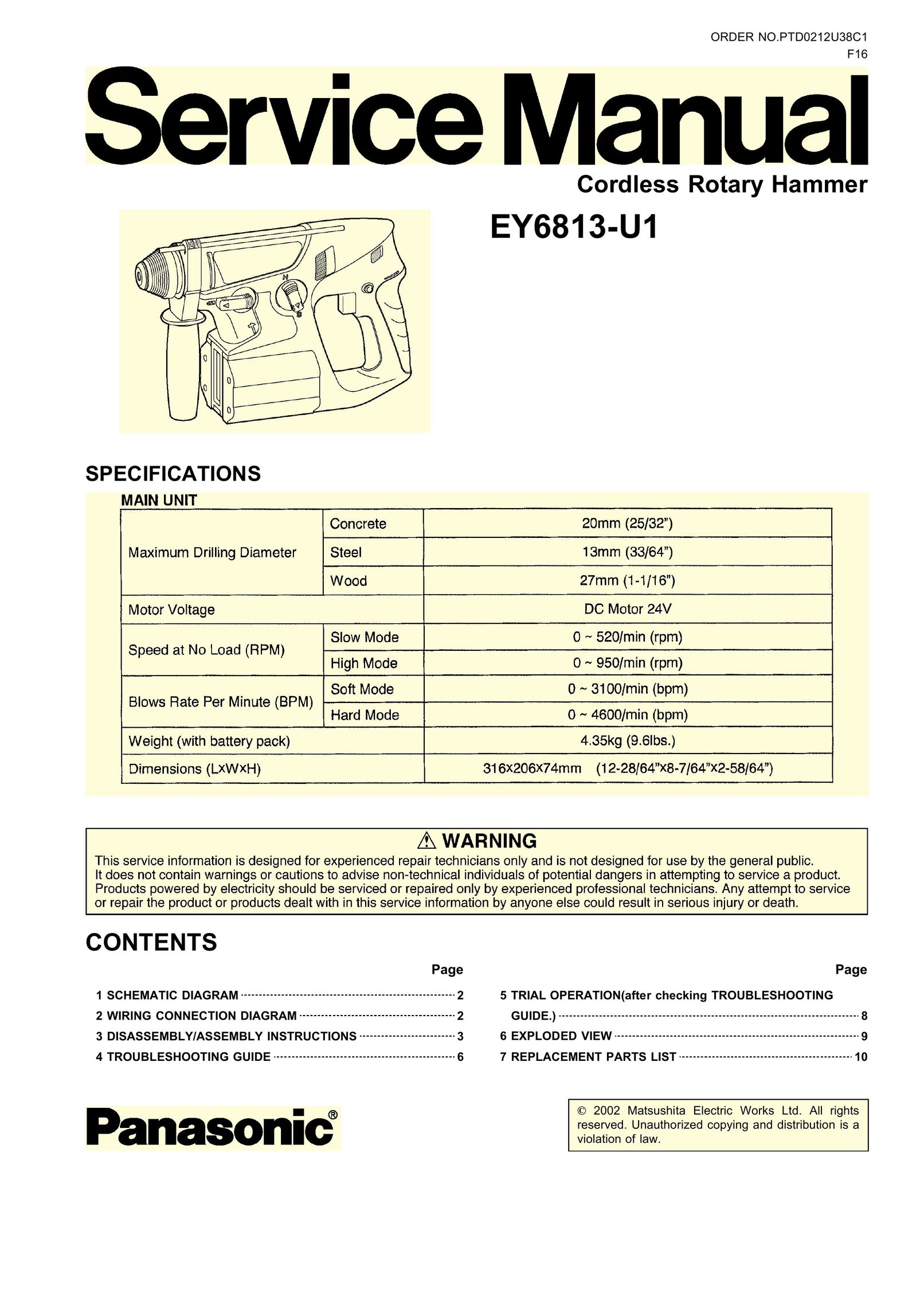 Panasonic EY6813-U1 Power Hammer User Manual