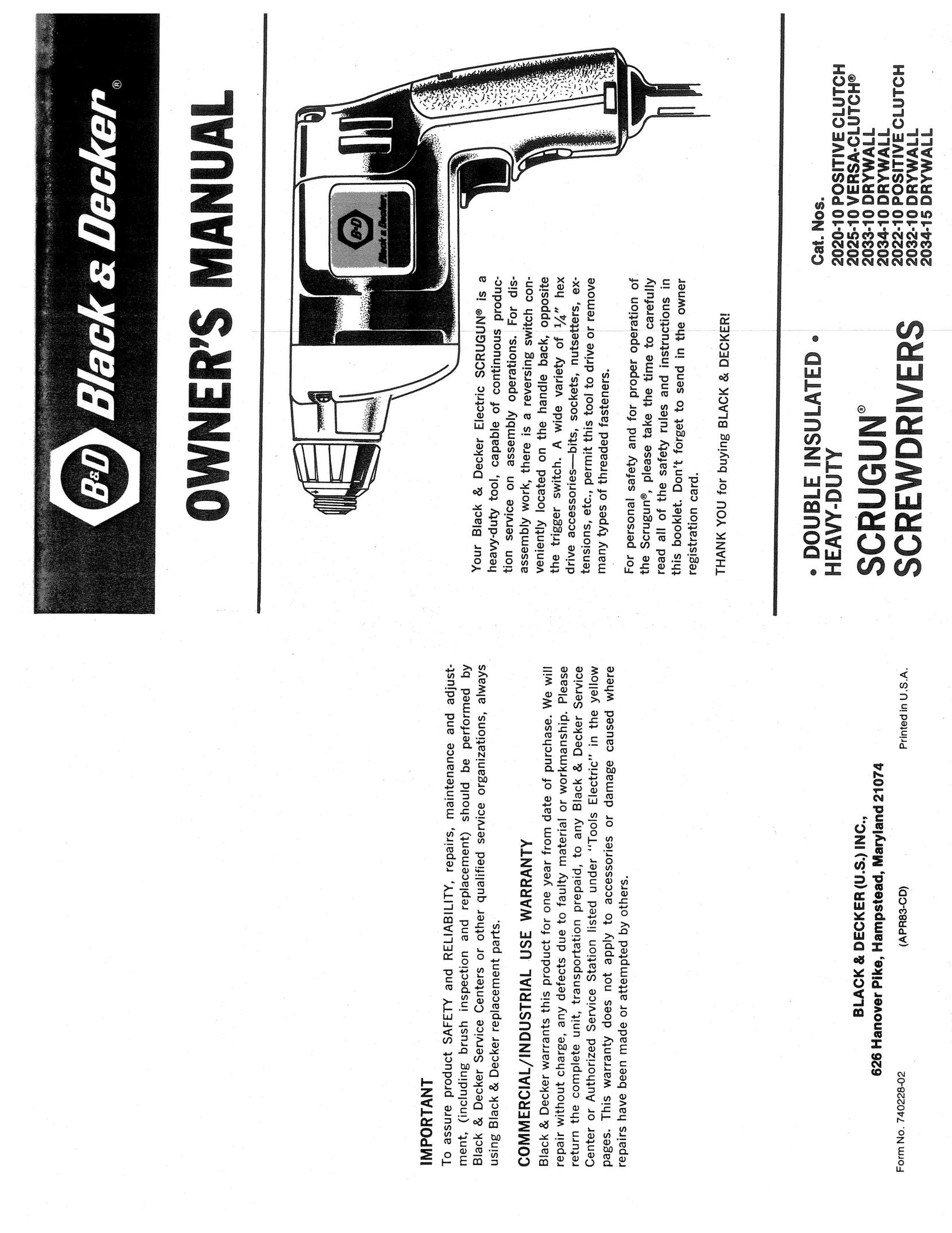 Black & Decker 2022-10 Power Screwdriver User Manual