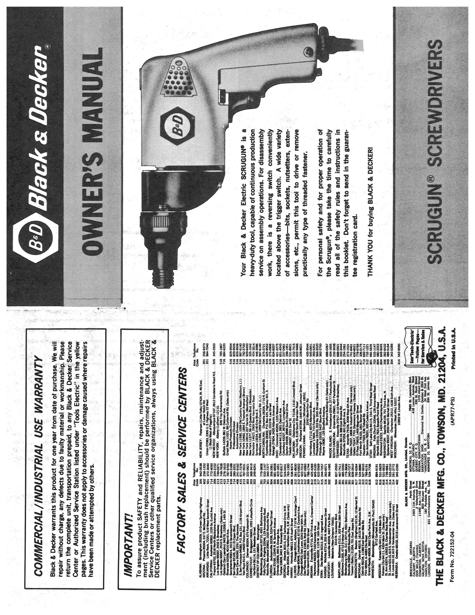 Black & Decker 722152-04 Power Screwdriver User Manual