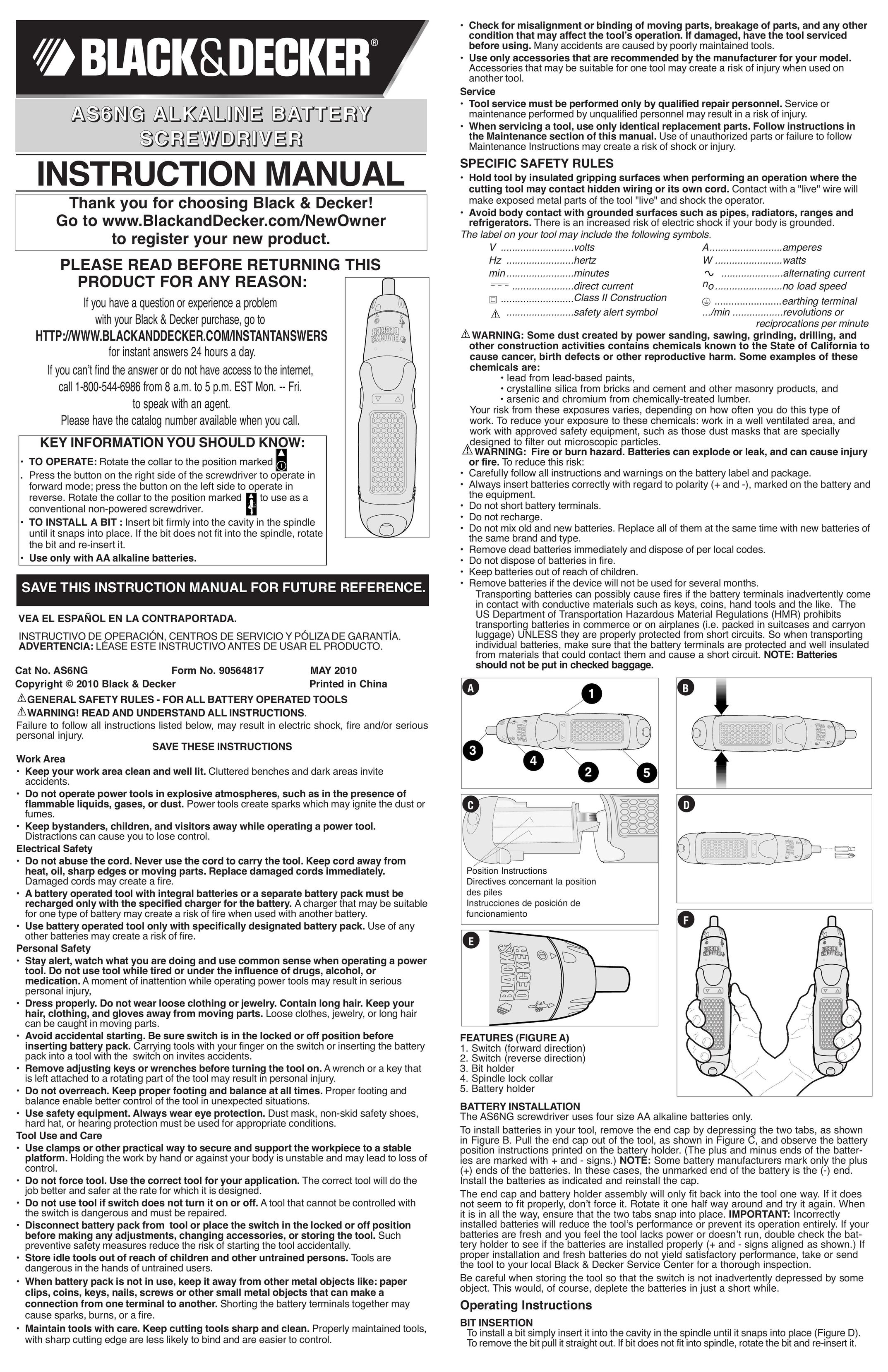 Black & Decker AS6NG Power Screwdriver User Manual