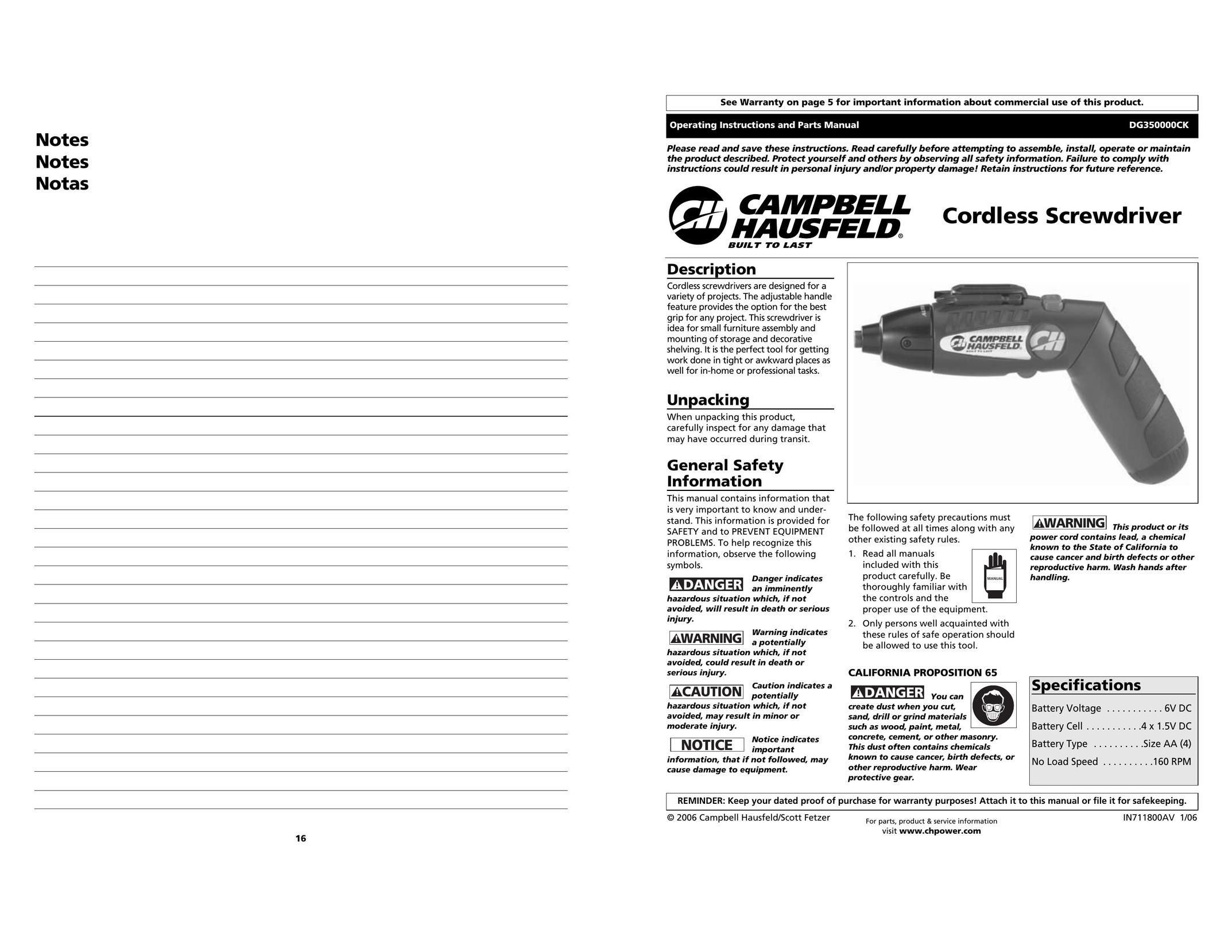 Campbell Hausfeld DG350000CK Power Screwdriver User Manual