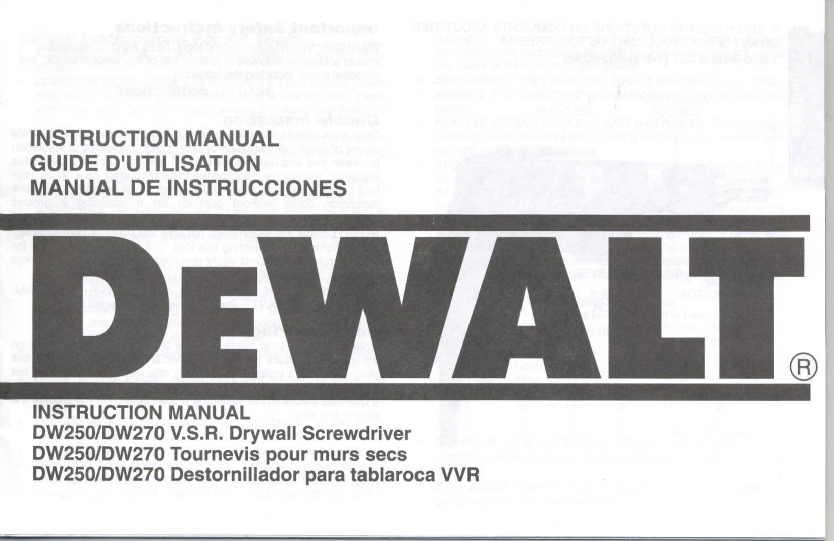 DeWalt DW250/DW270 Power Screwdriver User Manual