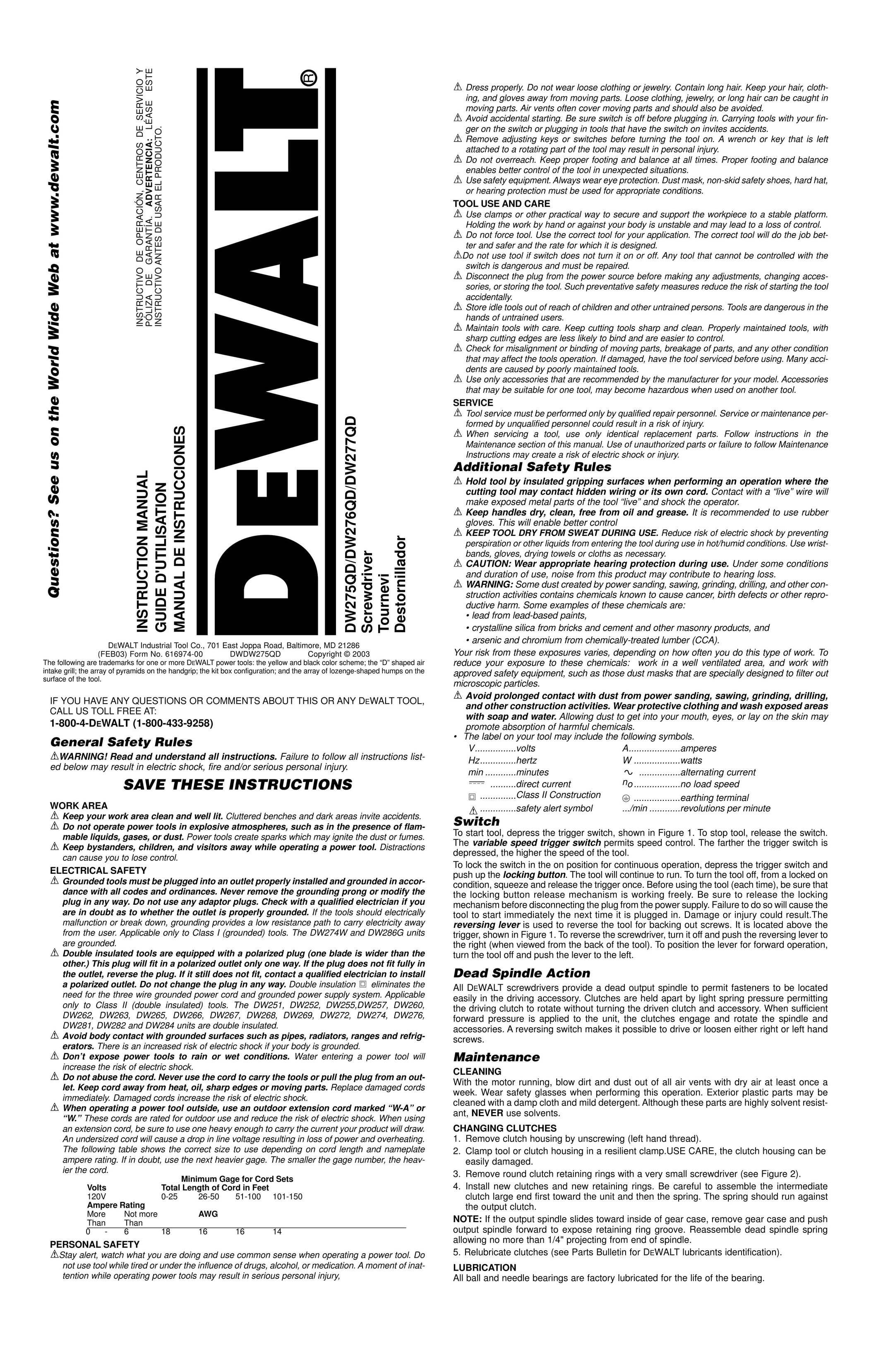DeWalt DW275QD Power Screwdriver User Manual