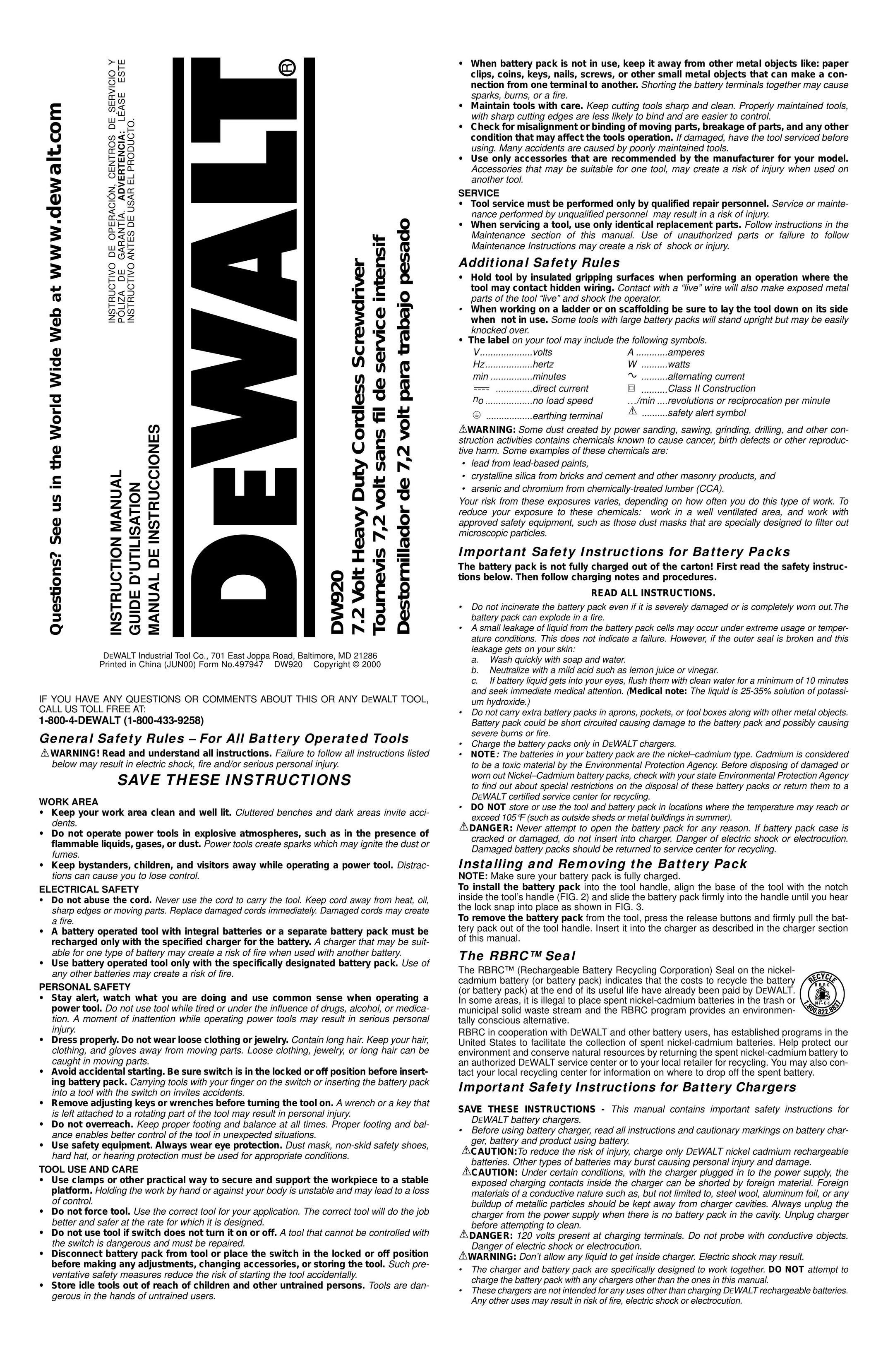DeWalt DW920K-2 Power Screwdriver User Manual