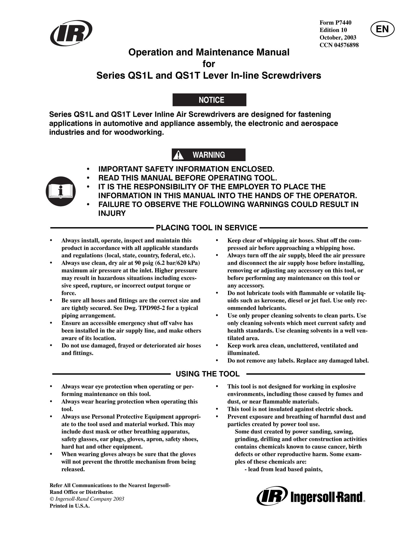 Ingersoll-Rand QS1T Power Screwdriver User Manual
