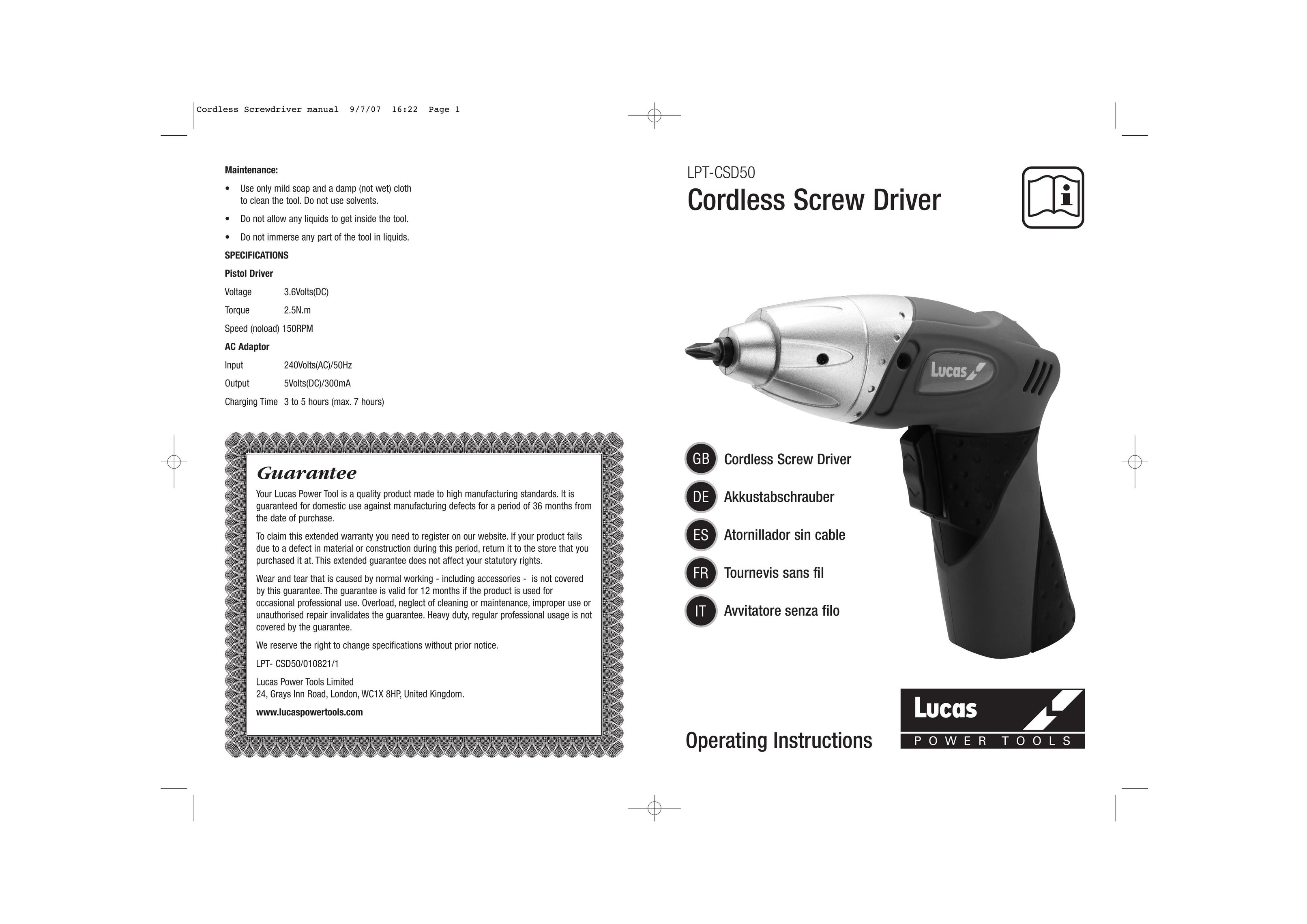 Lucas Industries LPT-CSD50 Power Screwdriver User Manual