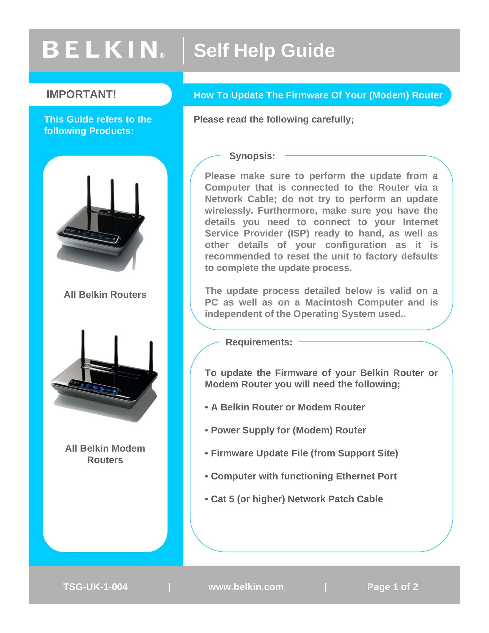 Belkin TSG-UK-1-001 Router User Manual