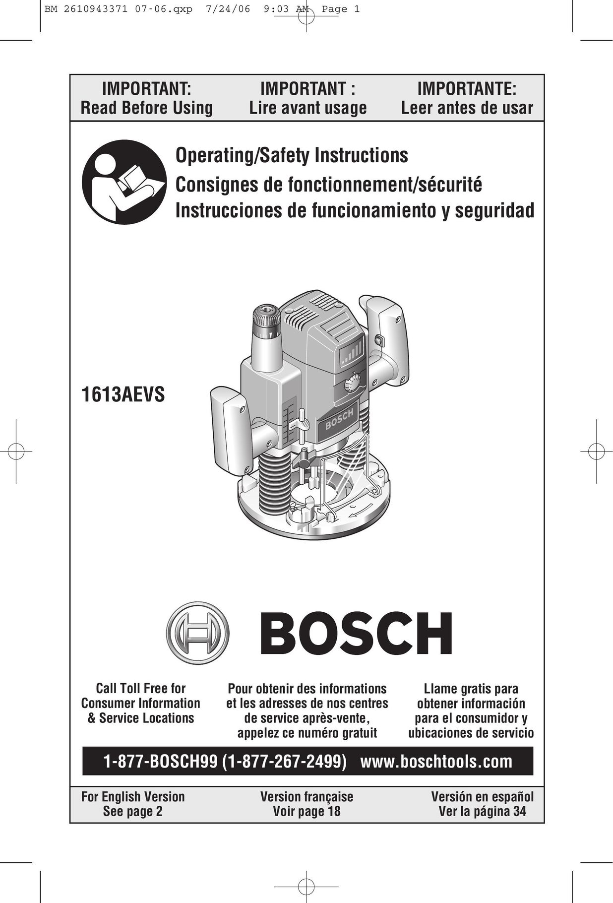 Bosch Power Tools 1613AEVS Router User Manual