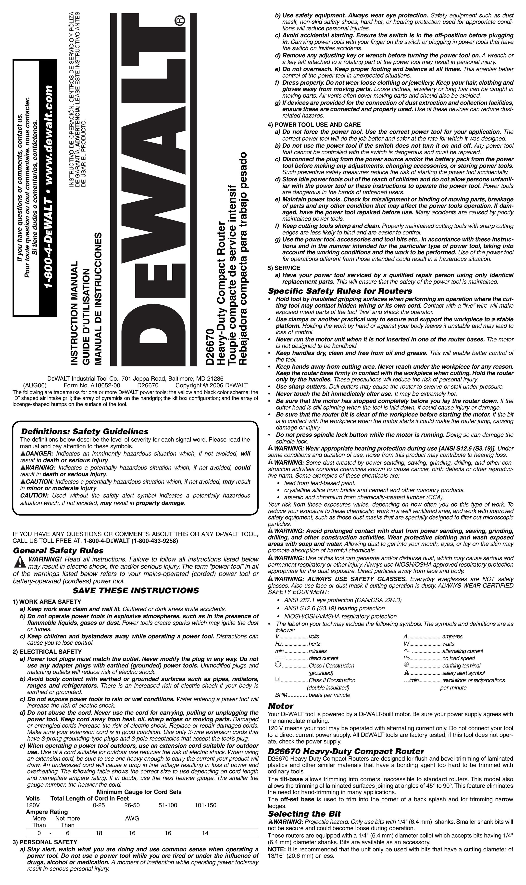 DeWalt D26670K Router User Manual