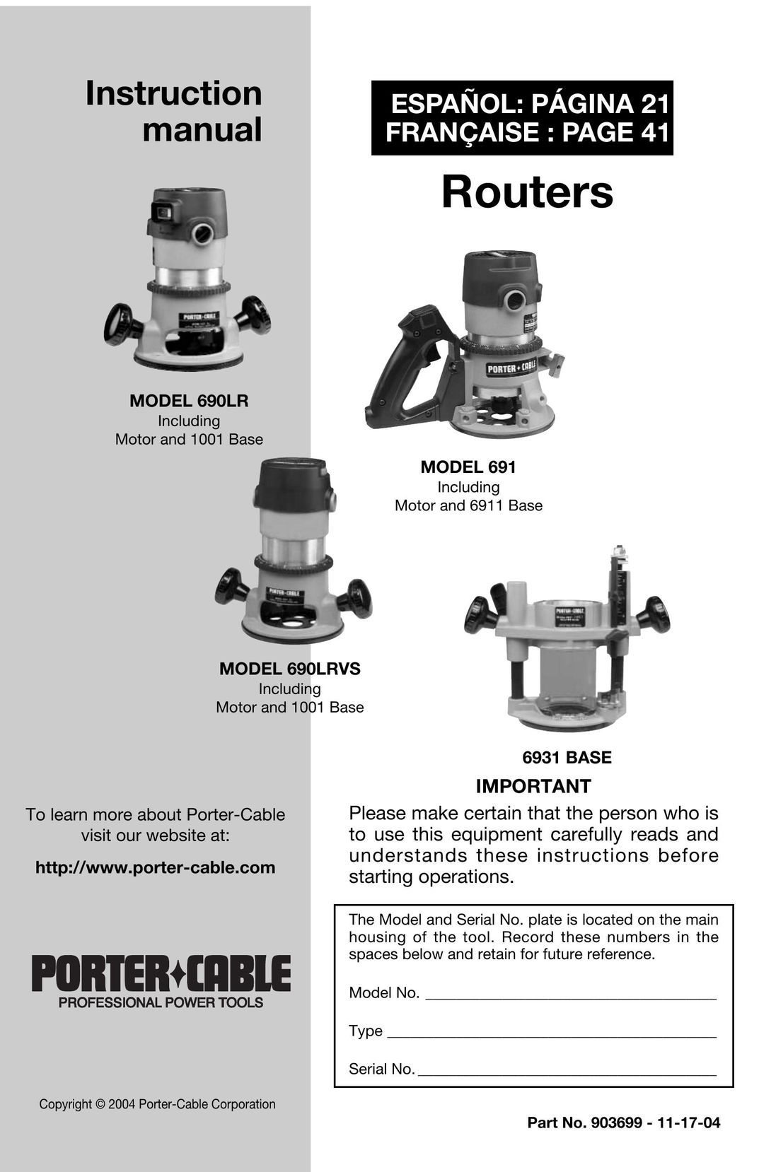 Porter-Cable 690LRVS Router User Manual