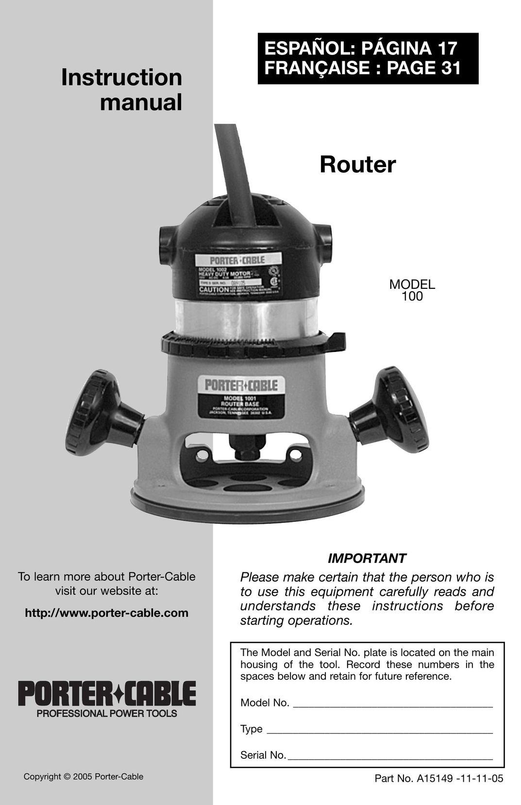 Porter-Cable A15149 Router User Manual