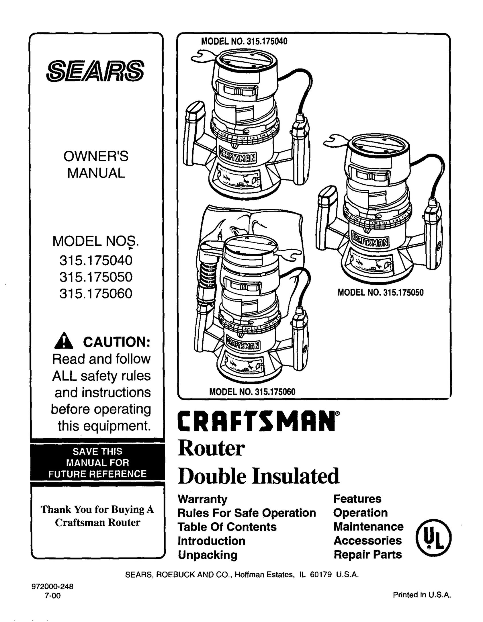 Sears 315.17504 Router User Manual