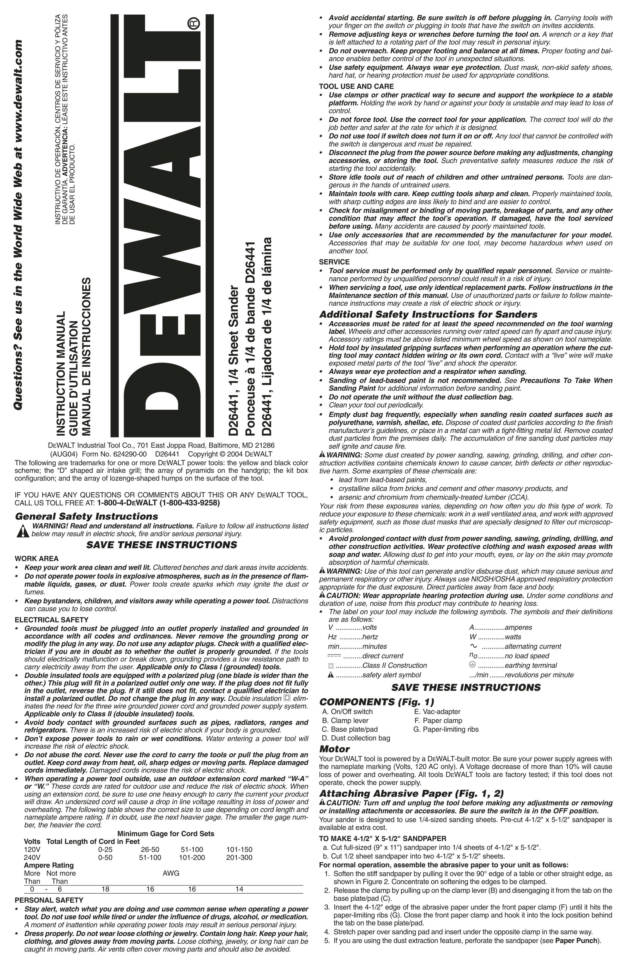 DeWalt D26441 Sander User Manual
