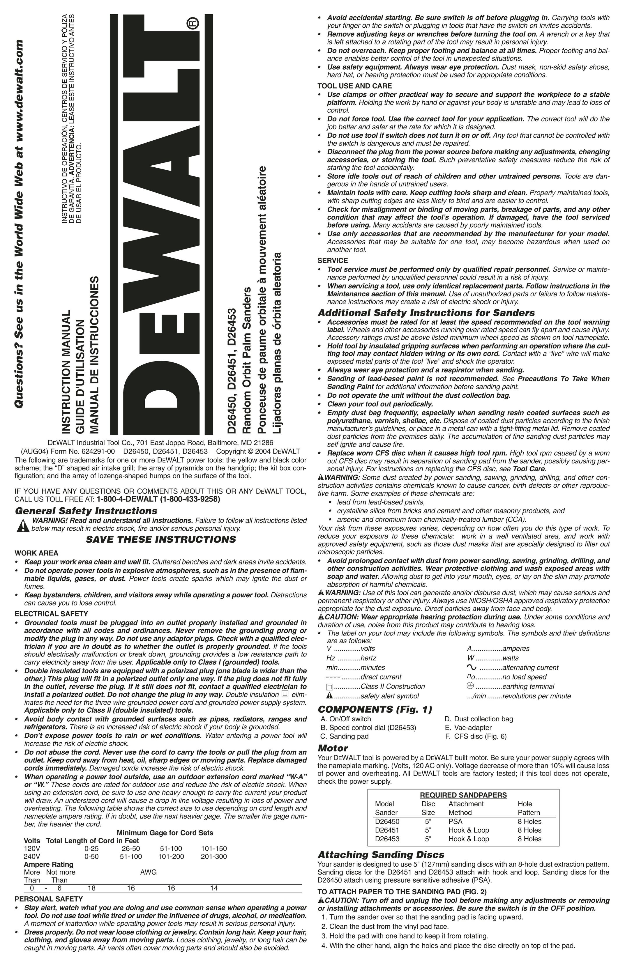 DeWalt D26451K Sander User Manual