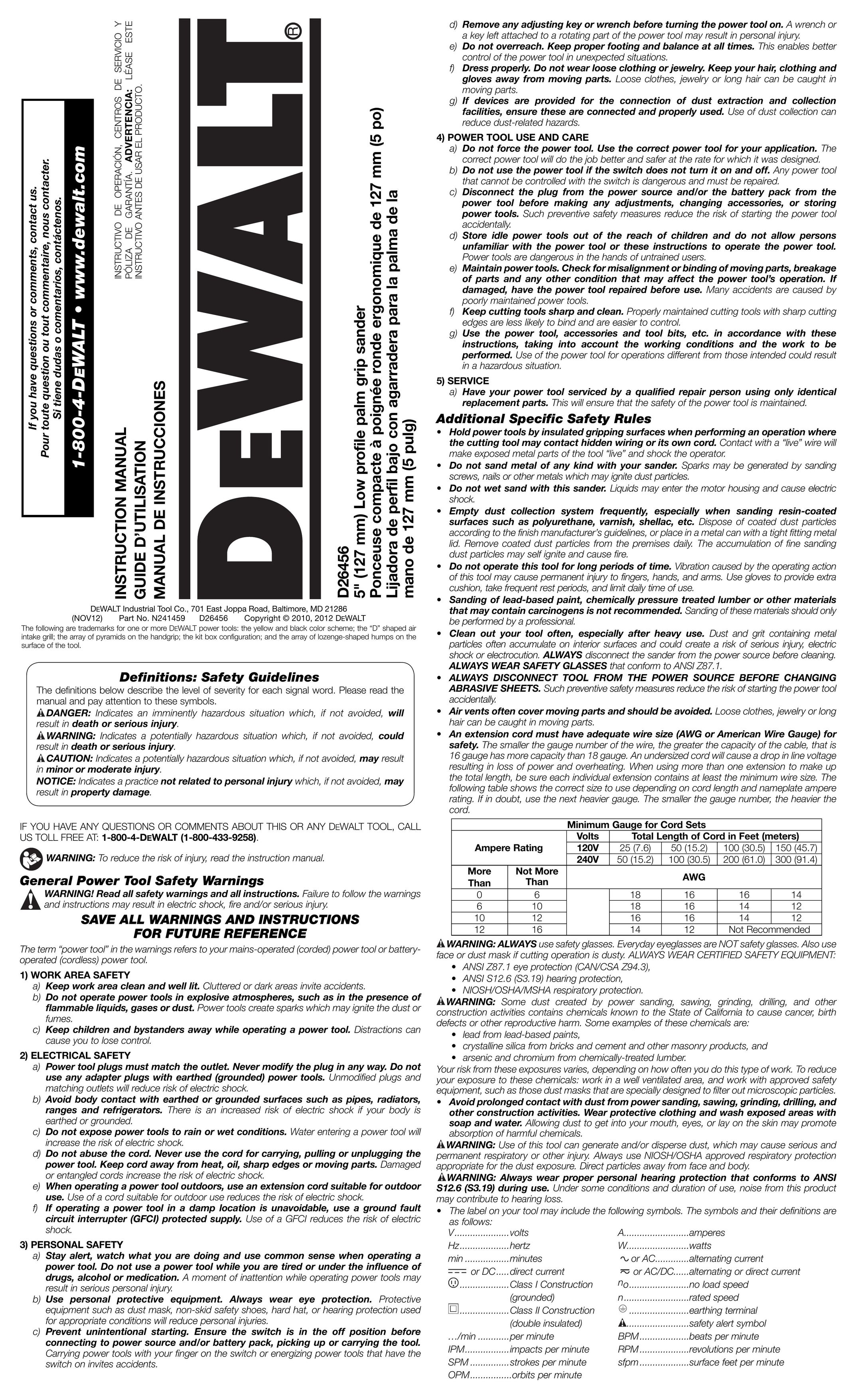 DeWalt D26456 Sander User Manual