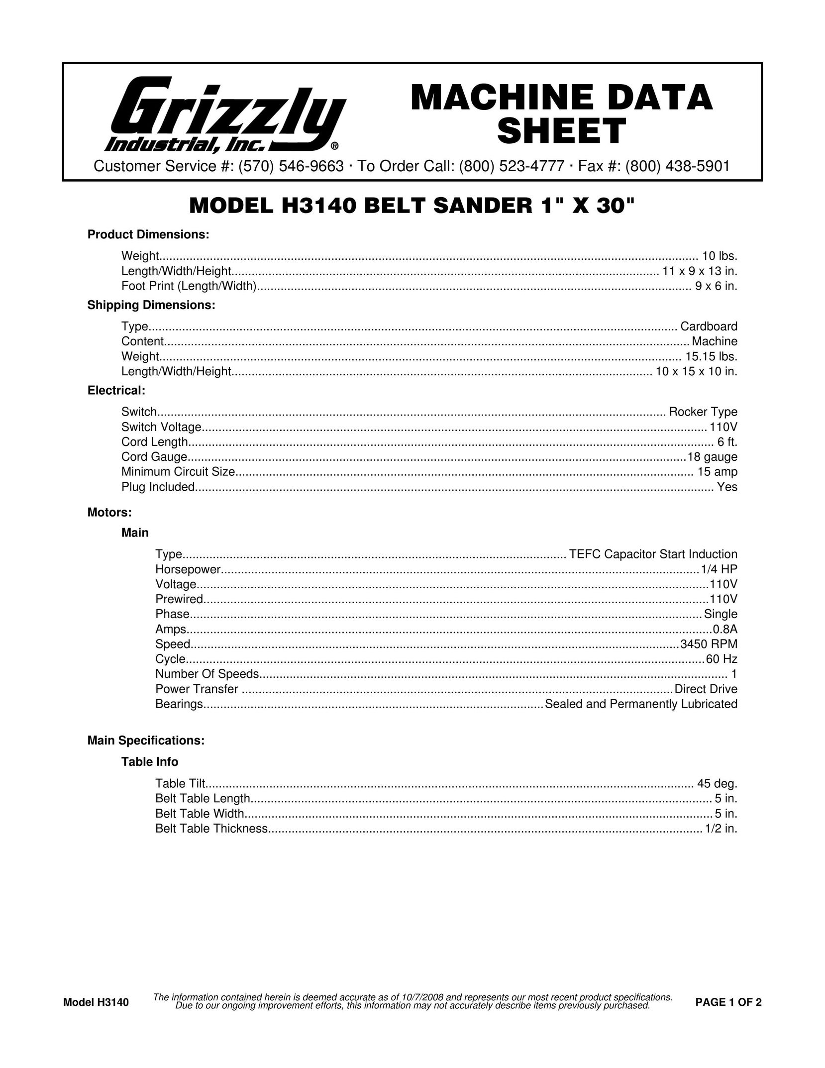 Grizzly FTP-80X Sander User Manual