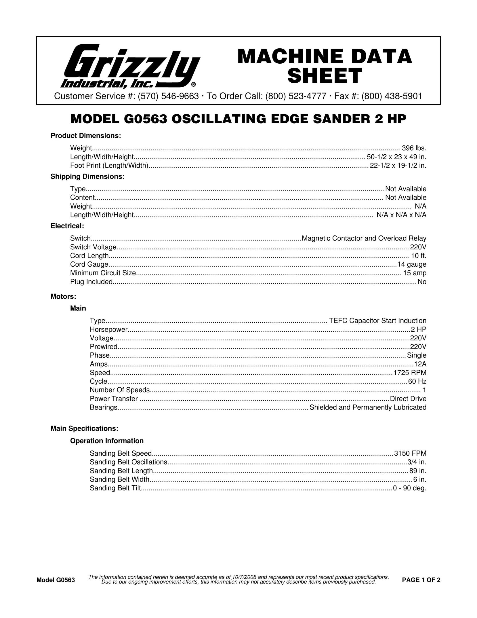 Grizzly G0563 Sander User Manual