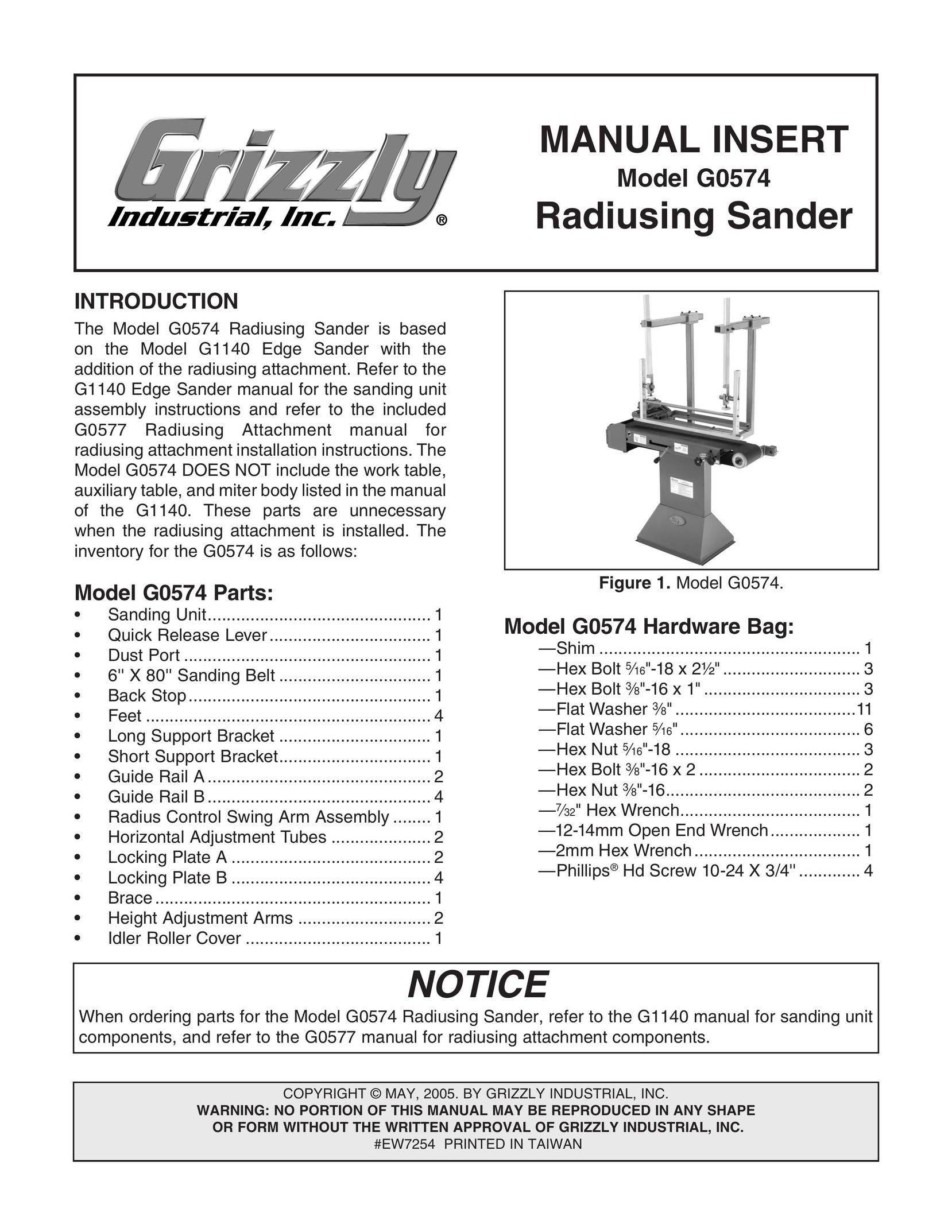 Grizzly G0574 Sander User Manual