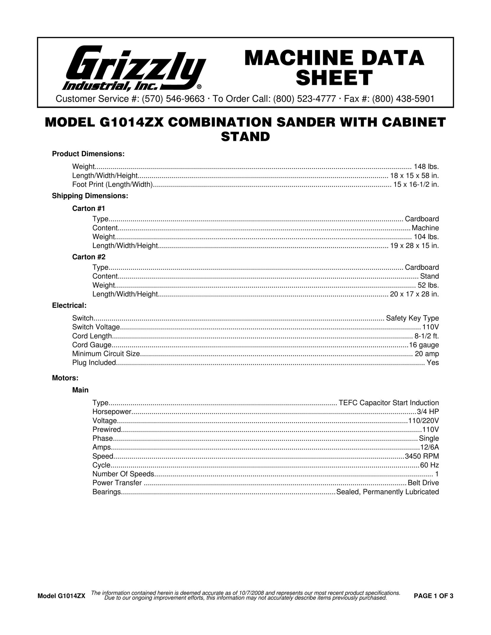 Grizzly G1014ZX Sander User Manual