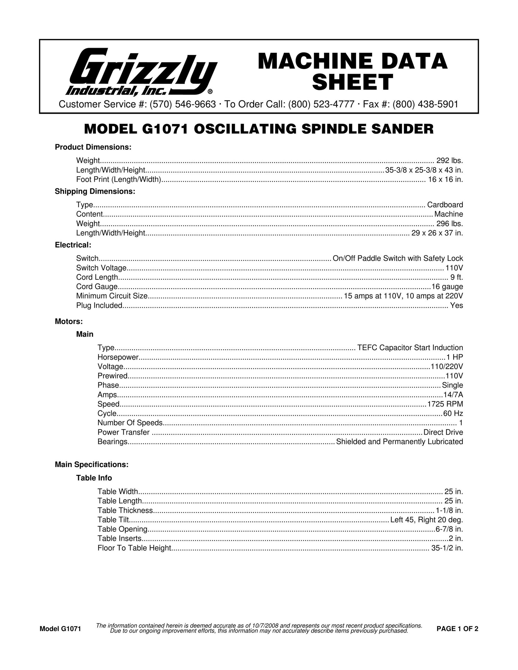 Grizzly G1071 Sander User Manual