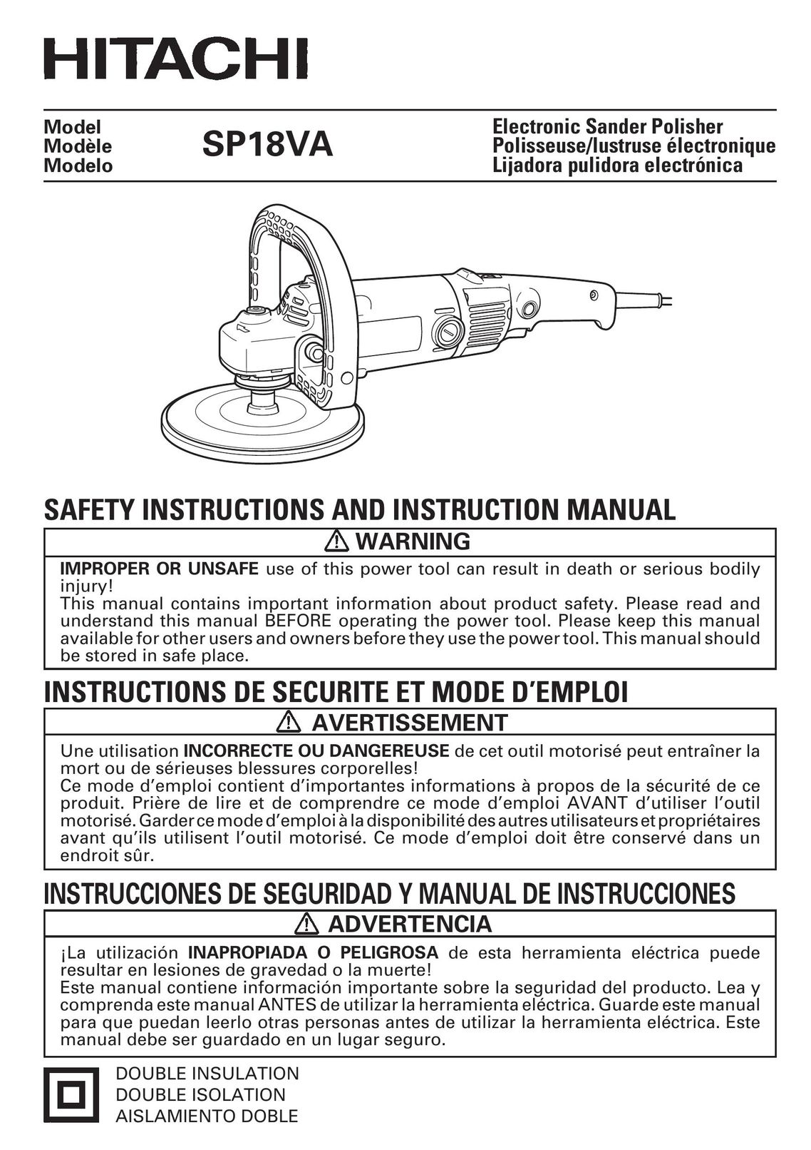 Hitachi SP18VA Sander User Manual