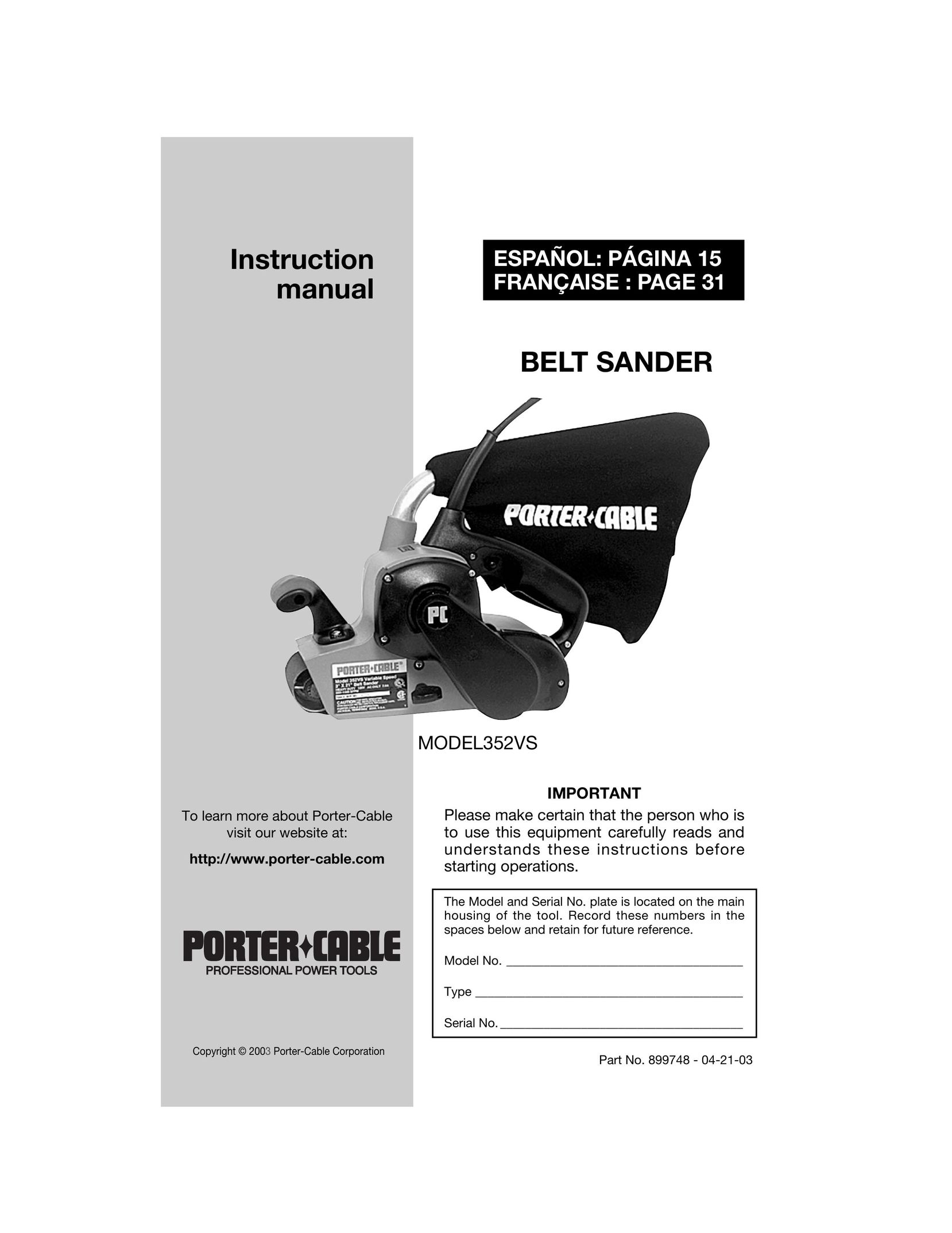 Porter-Cable 352VS Sander User Manual