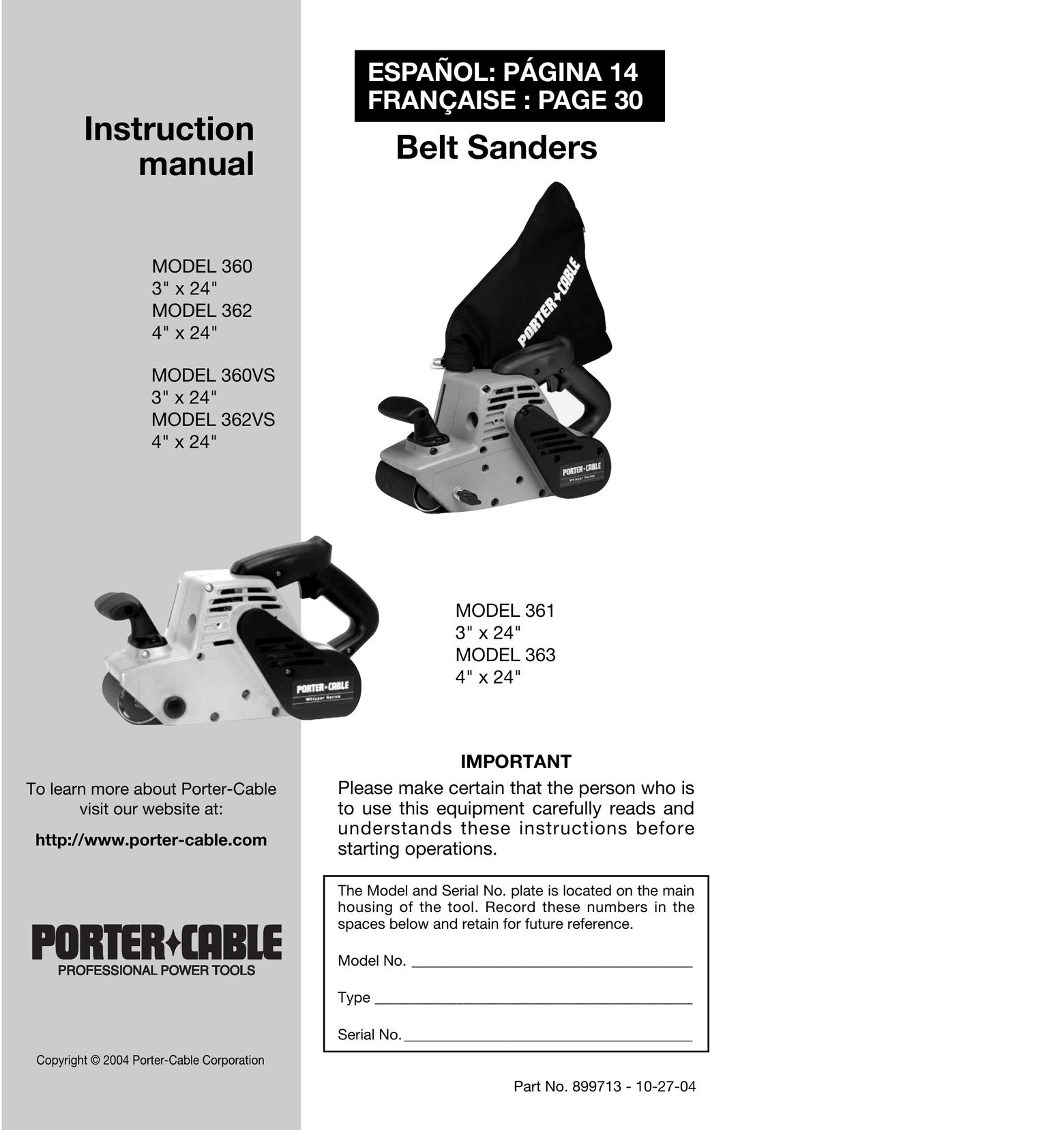 Porter-Cable 360VS Sander User Manual