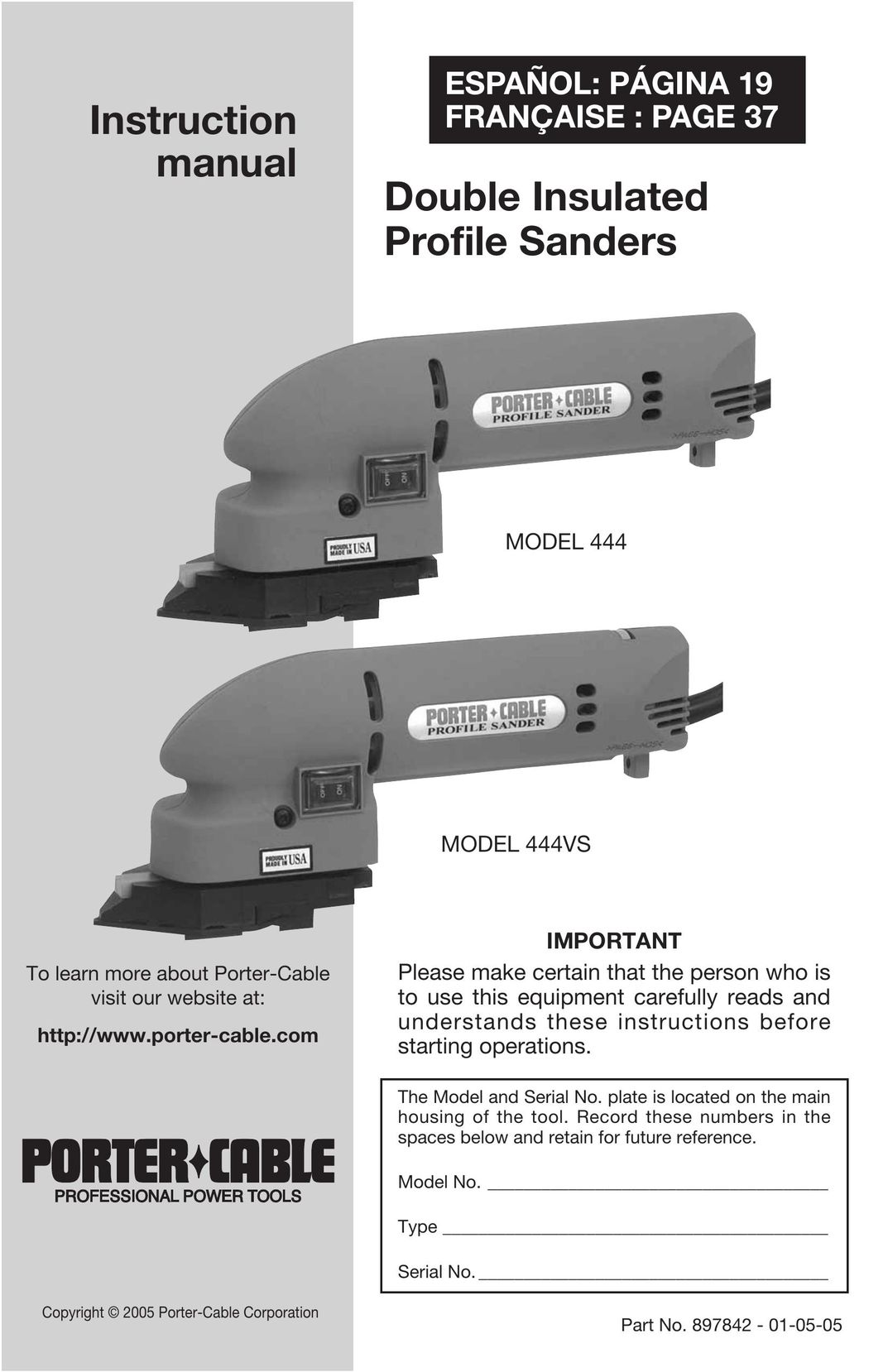 Porter-Cable 444 Sander User Manual
