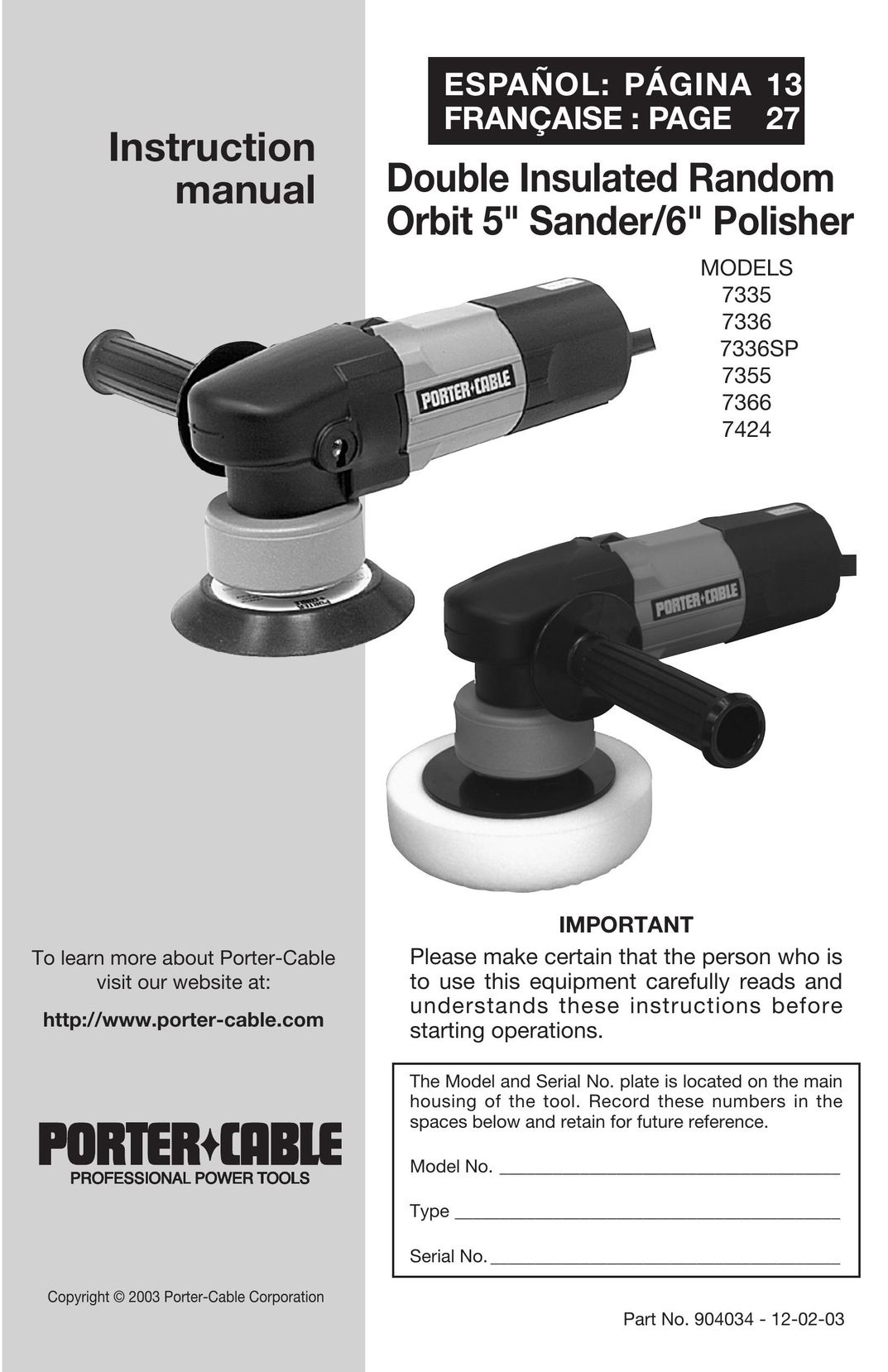 Porter-Cable 7335 Sander User Manual