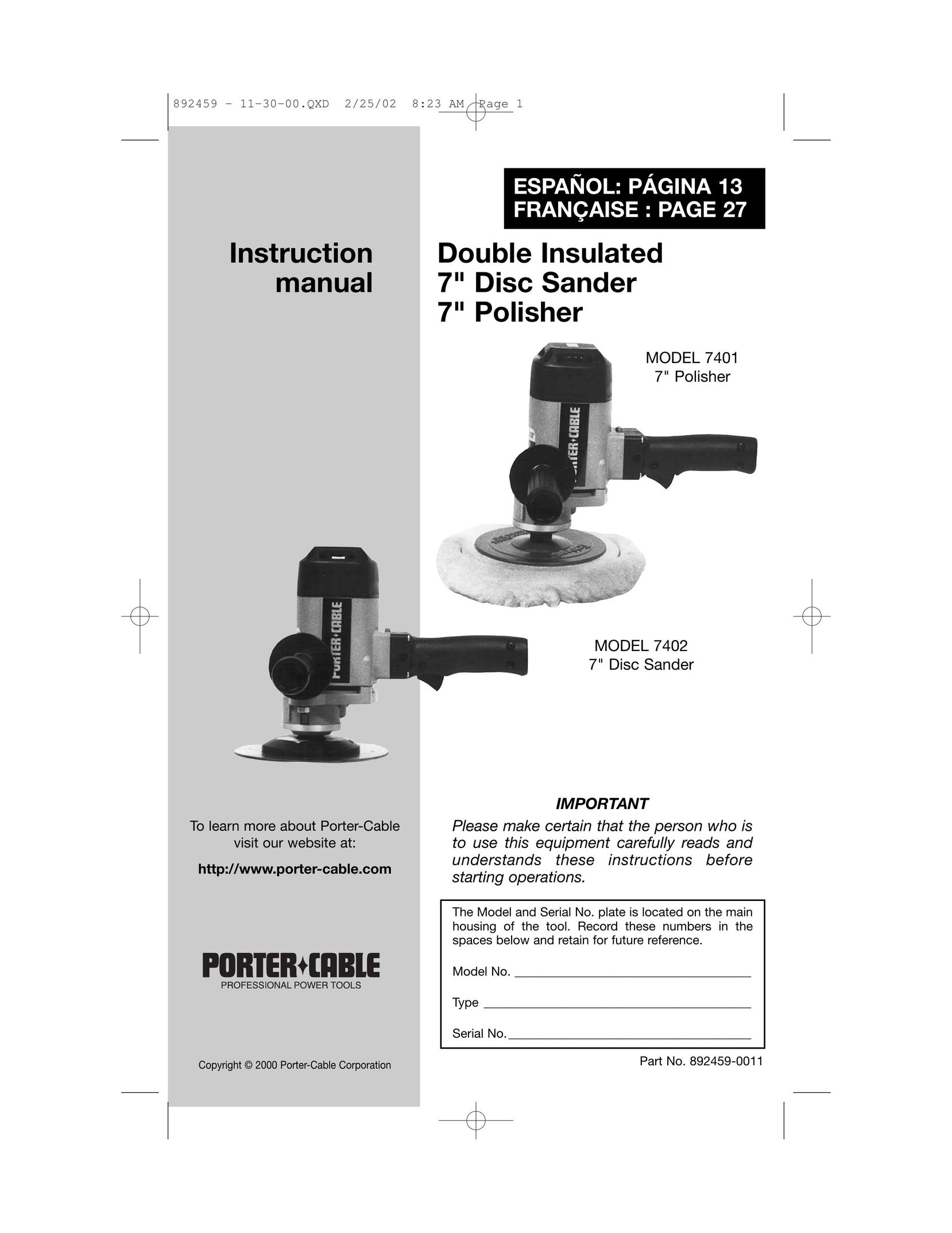 Porter-Cable 892459-0011 Sander User Manual