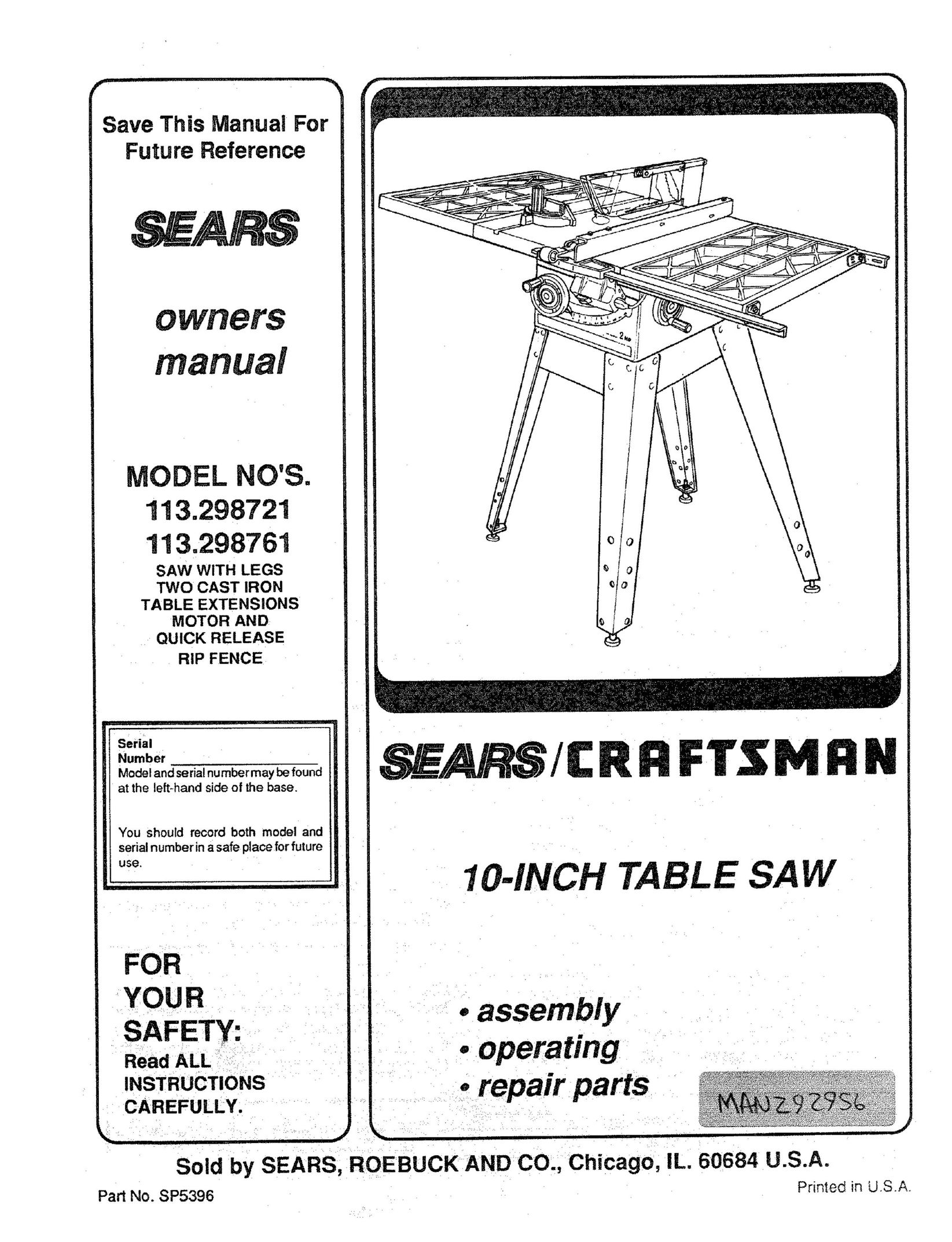 Craftsman 113.298721, 113.298761 Saw User Manual