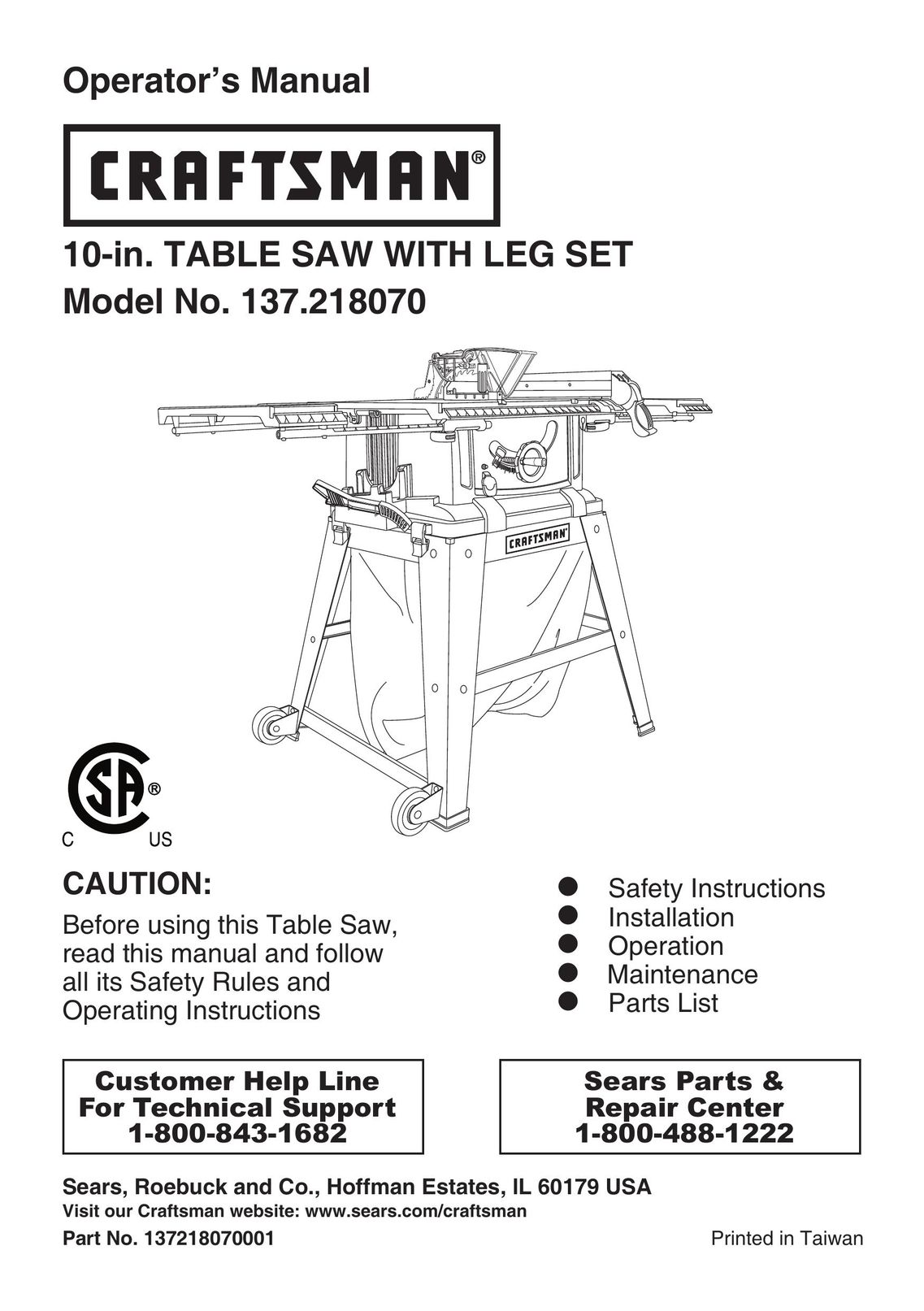Craftsman 137.21807 Saw User Manual