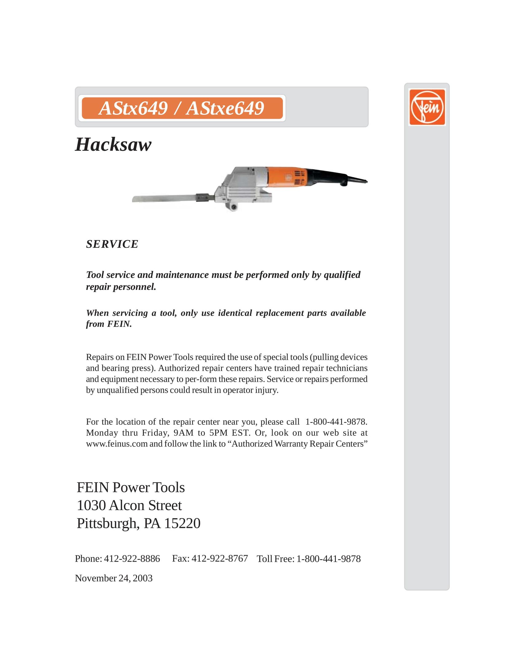 FEIN Power Tools Astxe 649 Saw User Manual