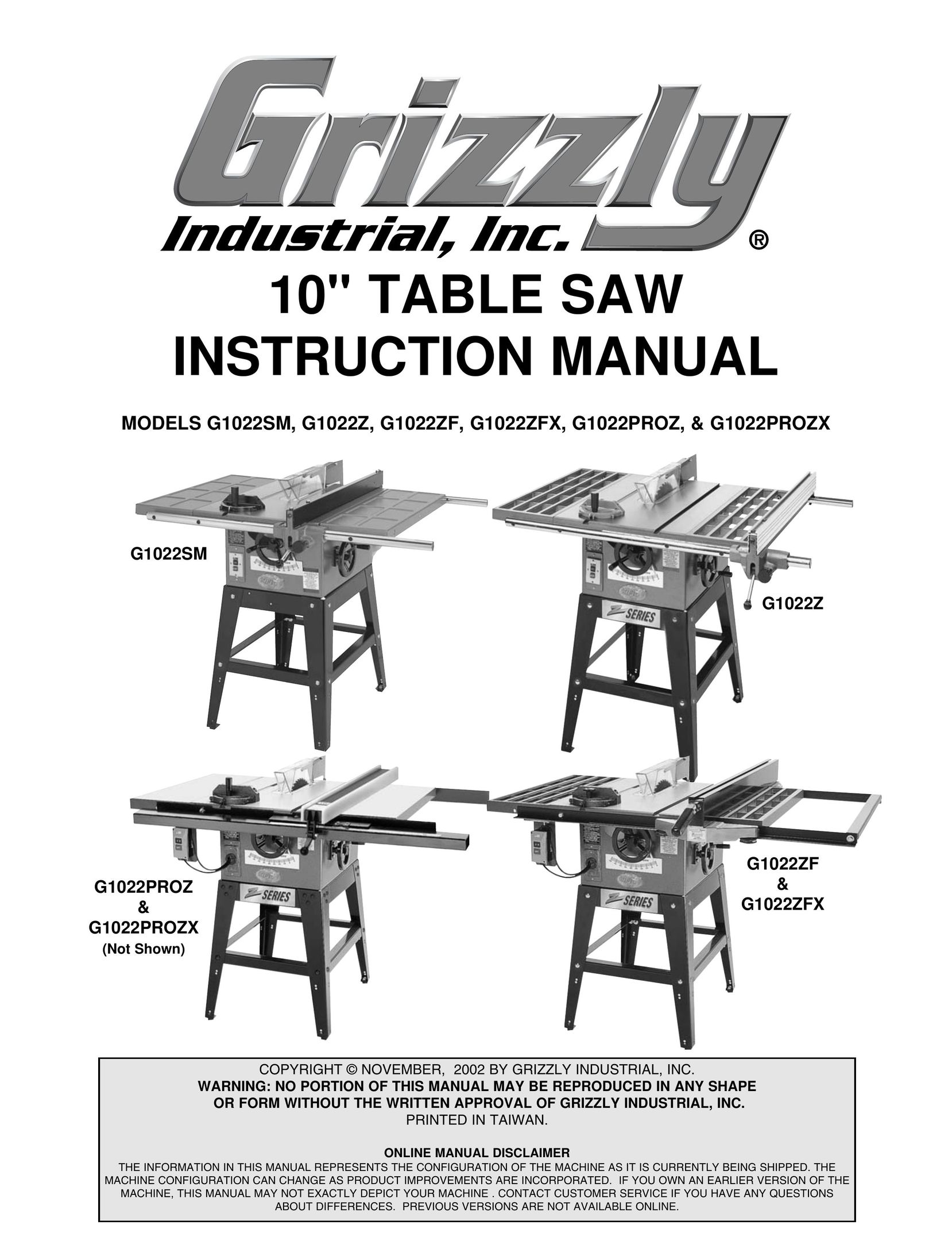 Grizzly & G1022PROZX Saw User Manual