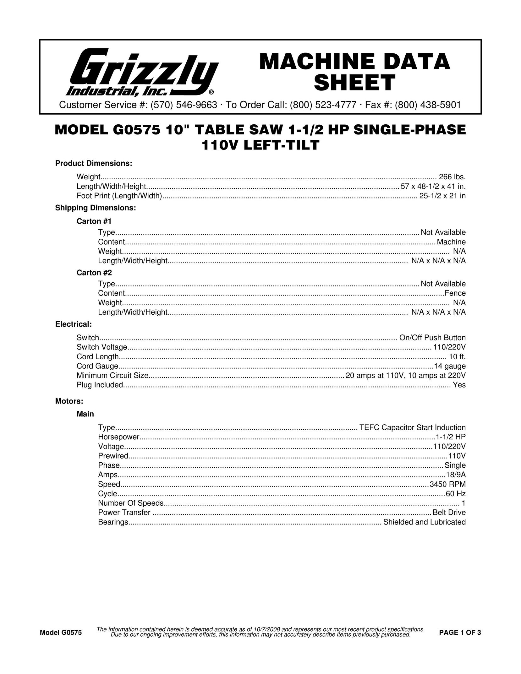 Grizzly G0575 Saw User Manual
