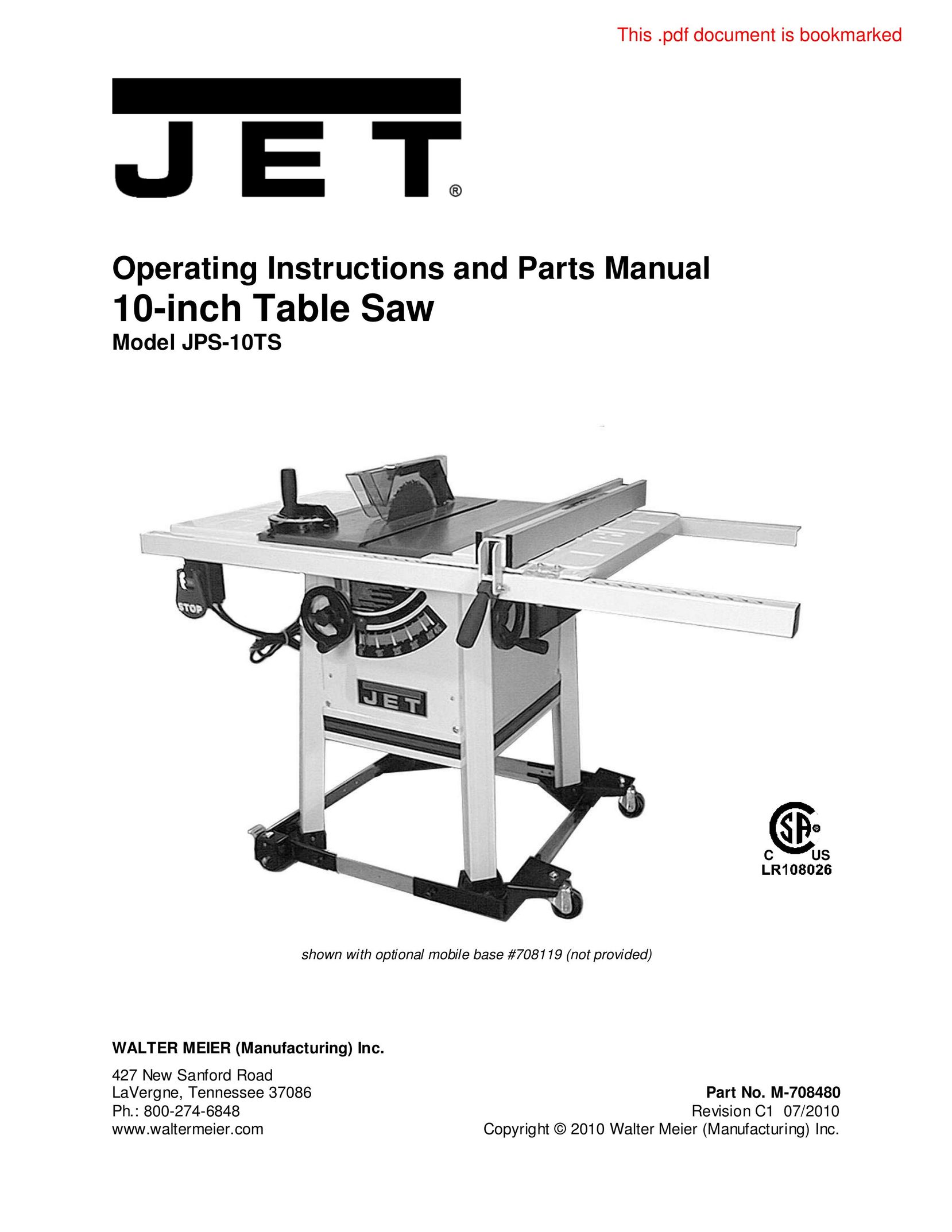 Jet Tools JPS-10TS Saw User Manual