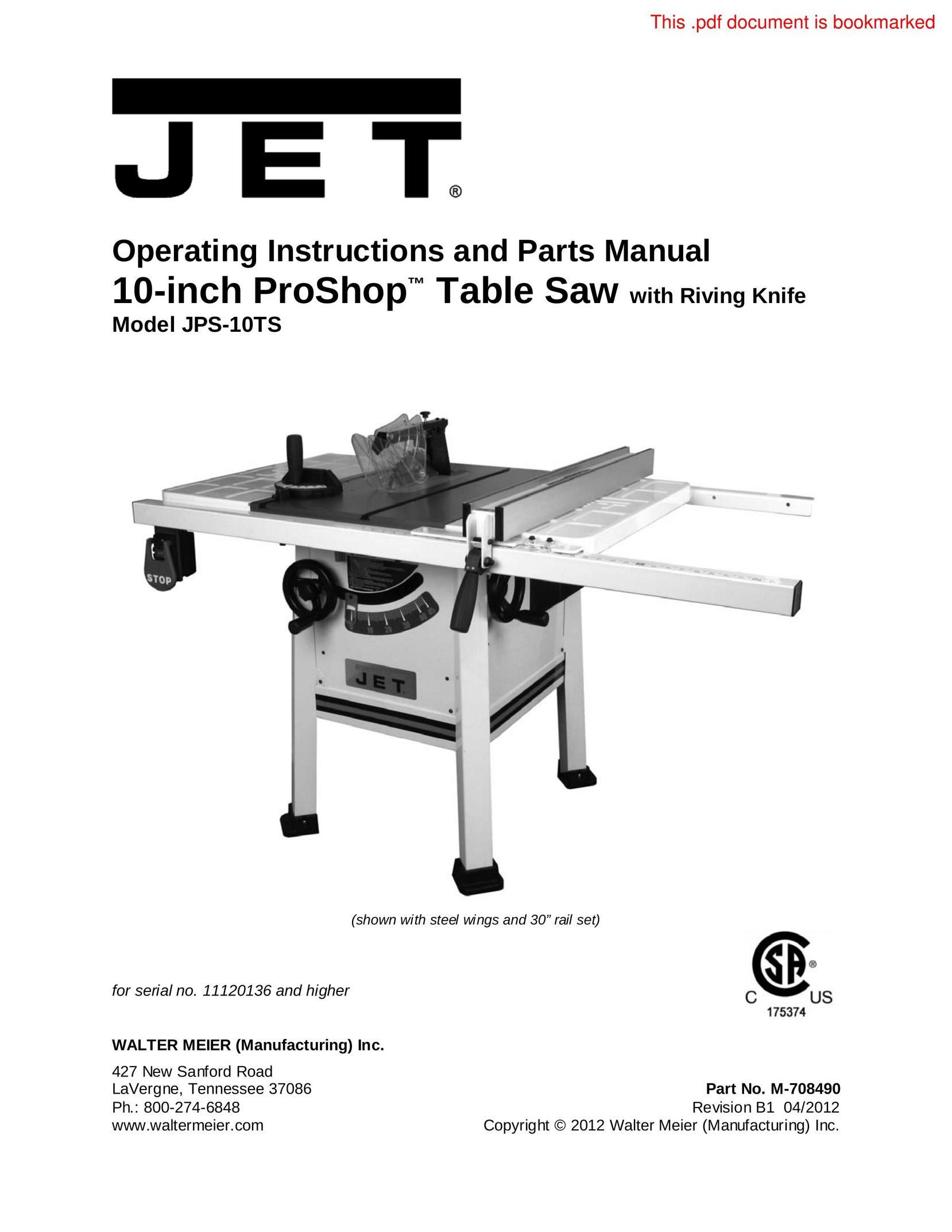 Jet Tools JPS-10TS Saw User Manual