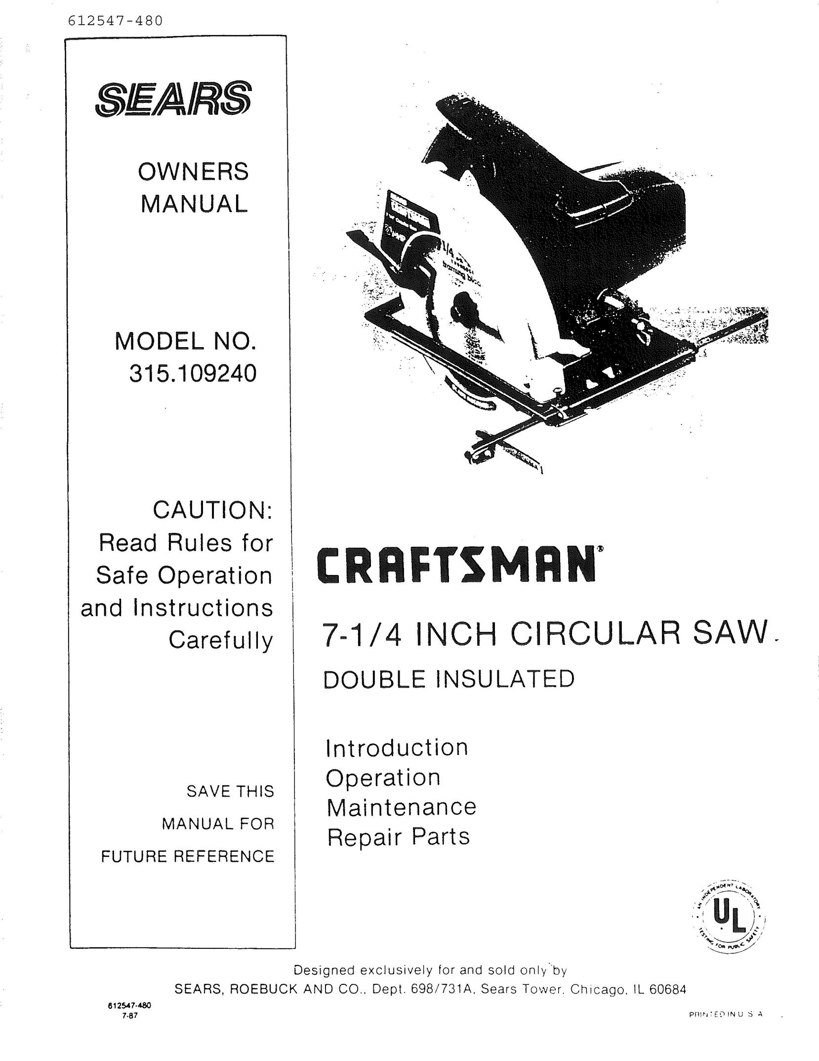 Sears 315.10924 Saw User Manual