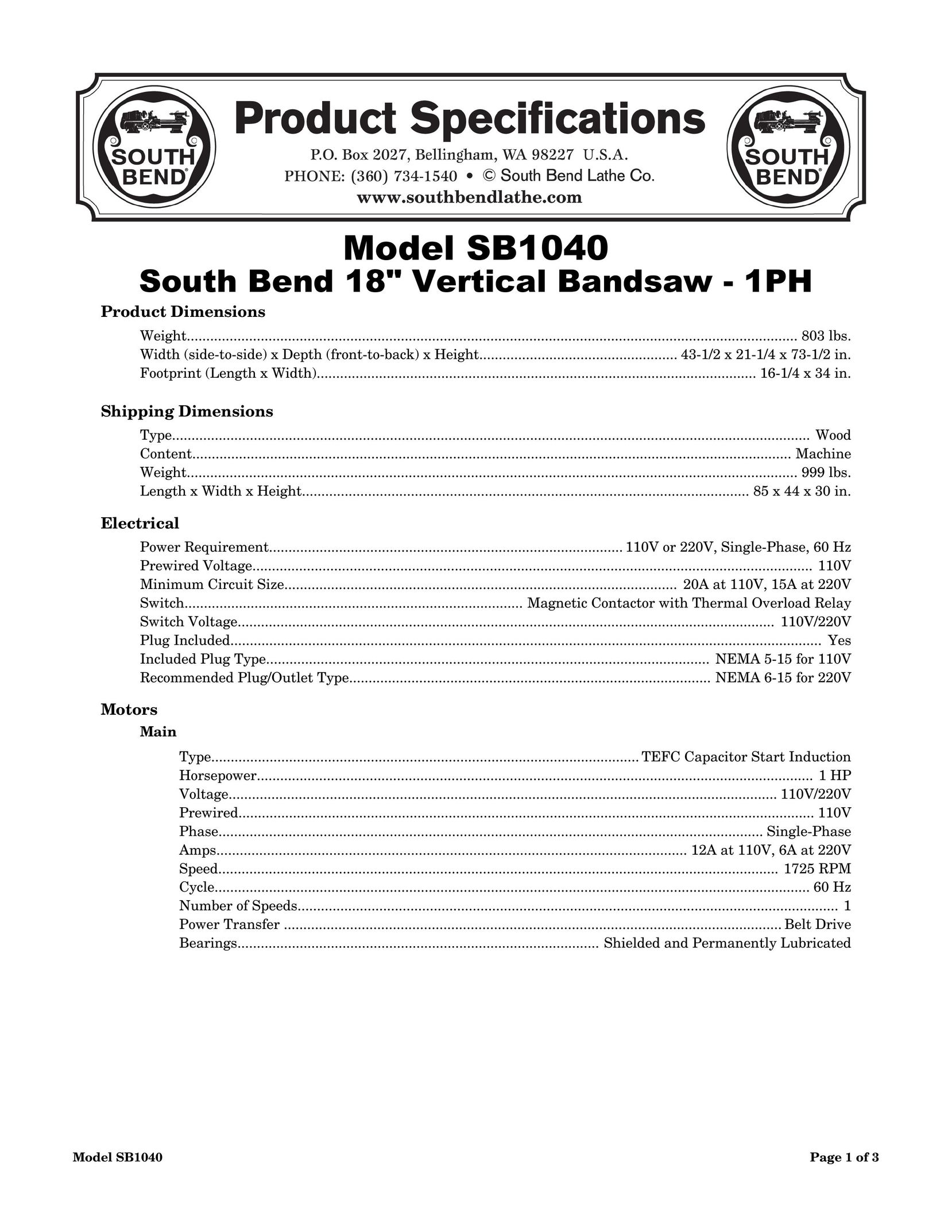 Southbend SB1040 Saw User Manual
