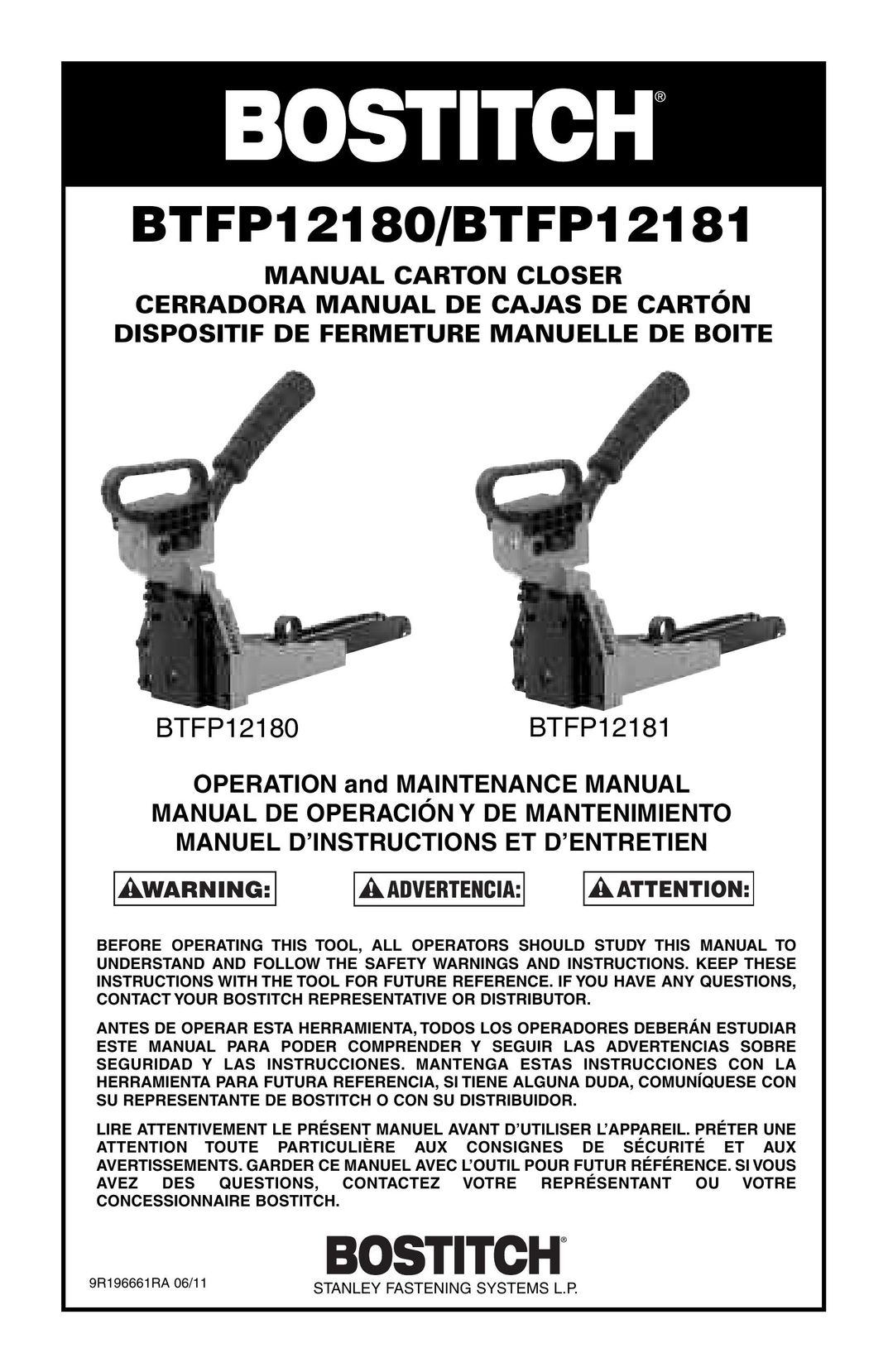 Bostitch BTFP12180 Staple Gun User Manual