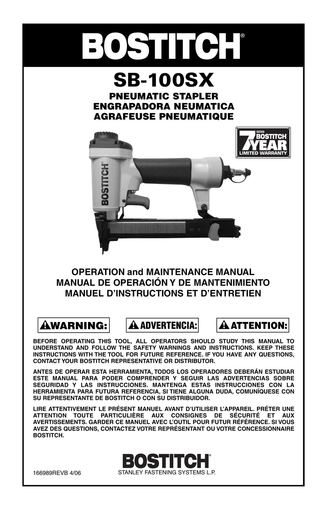 Bostitch SB-100SX Staple Gun User Manual