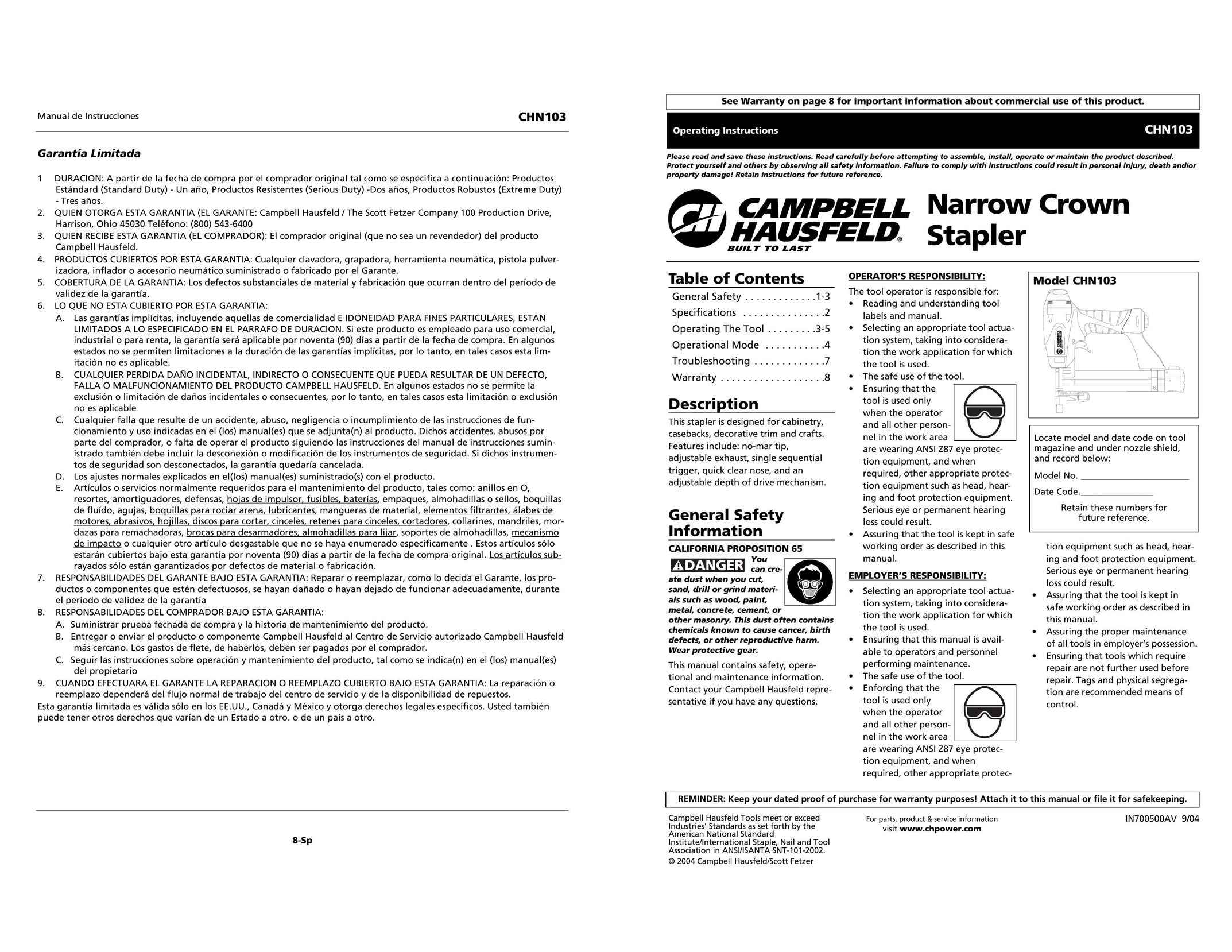Campbell Hausfeld CHN103 Staple Gun User Manual