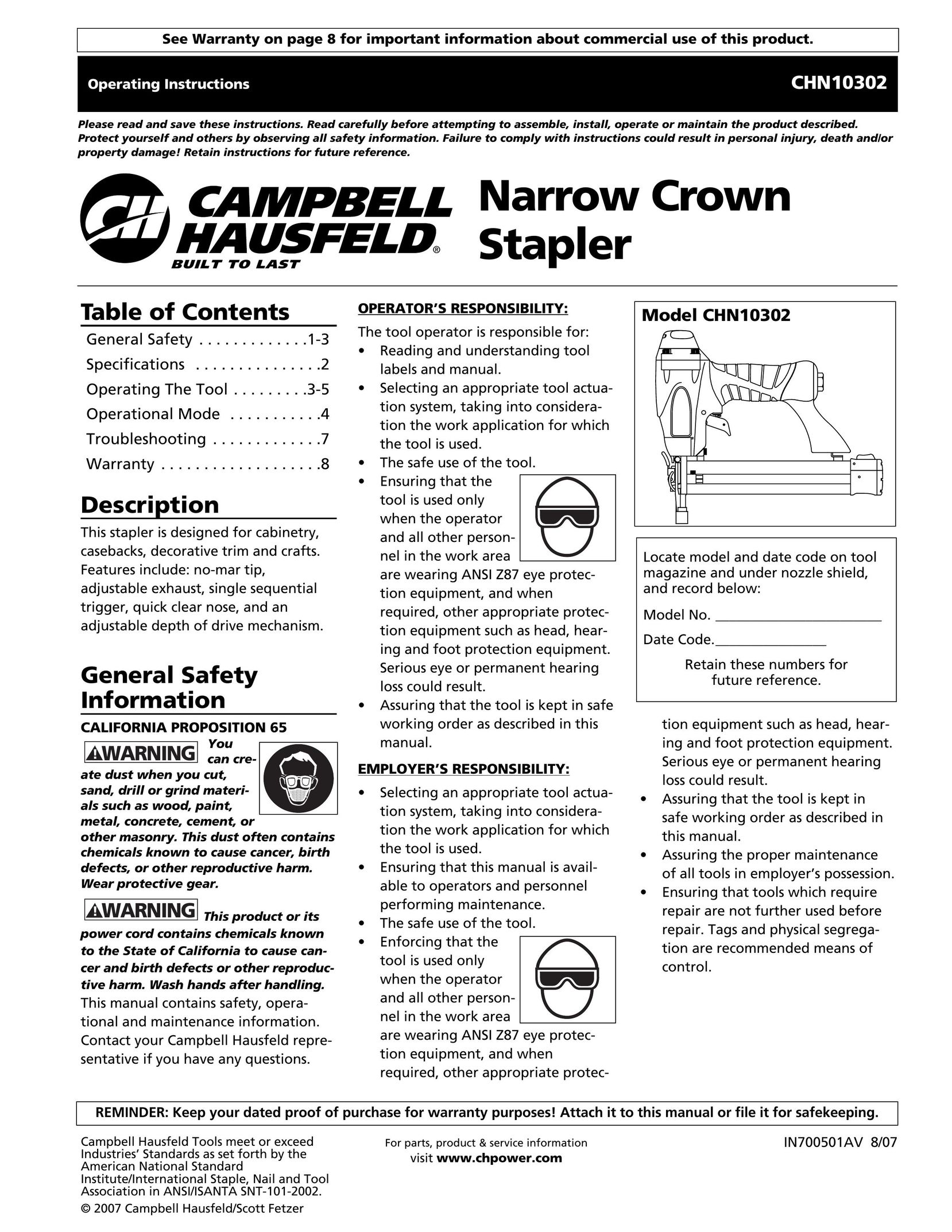 Campbell Hausfeld CHN10302 Staple Gun User Manual