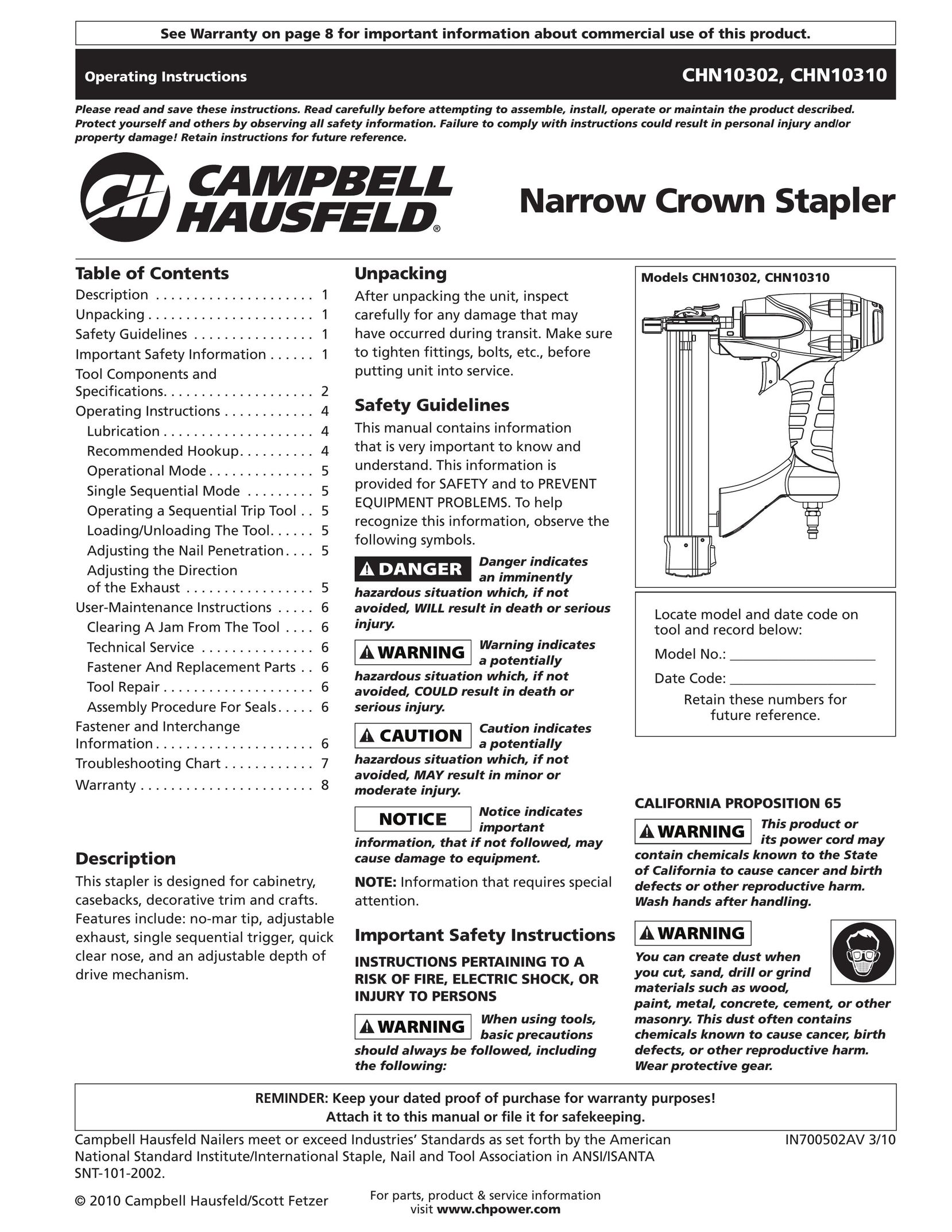Campbell Hausfeld CHN10310 Staple Gun User Manual