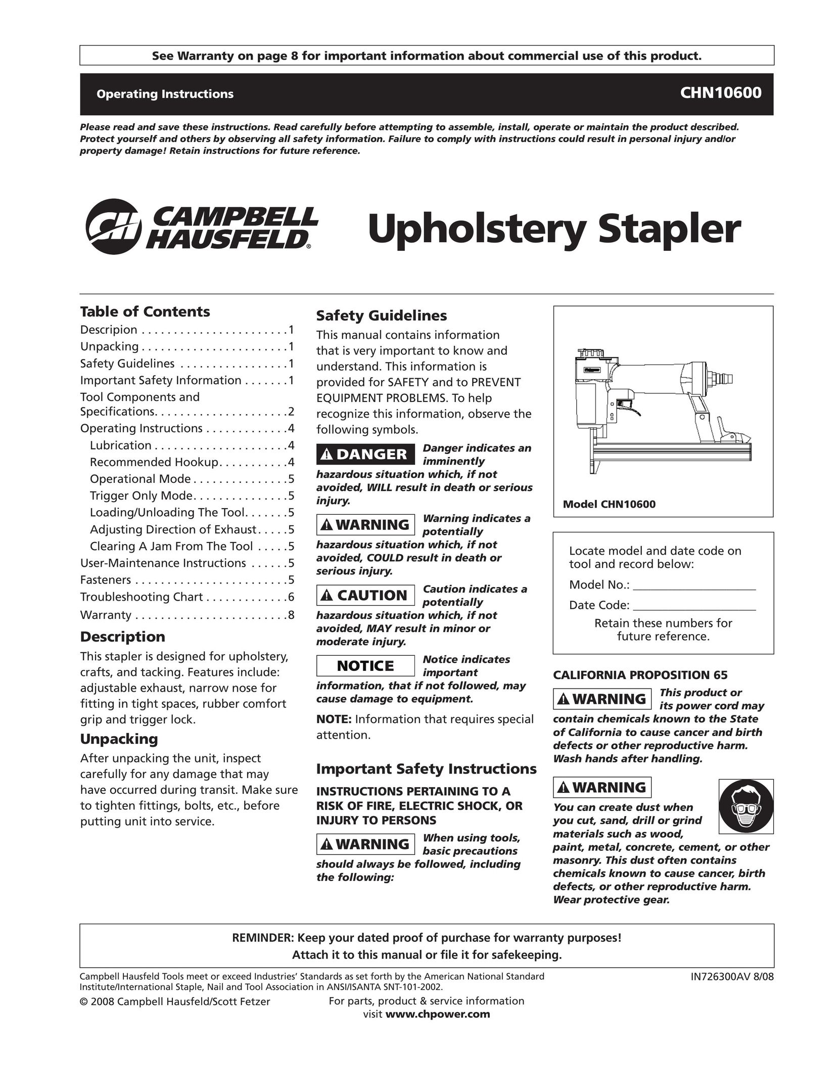 Campbell Hausfeld CHN10600 Staple Gun User Manual