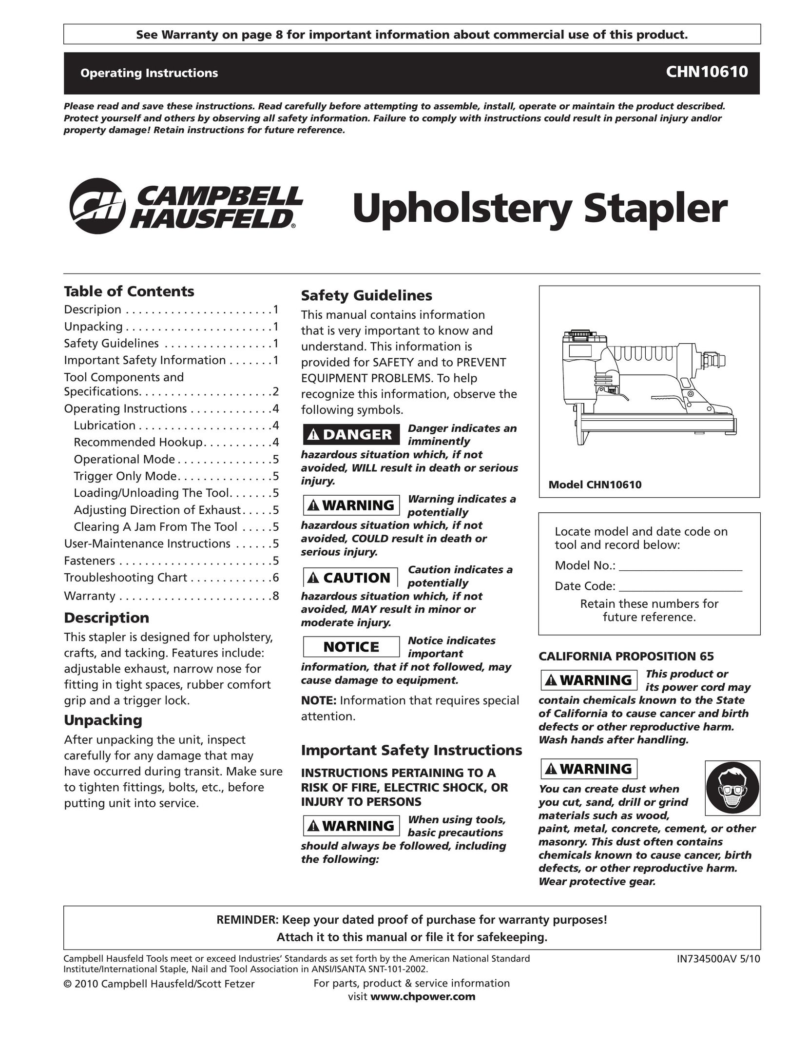 Campbell Hausfeld IN734500AV Staple Gun User Manual