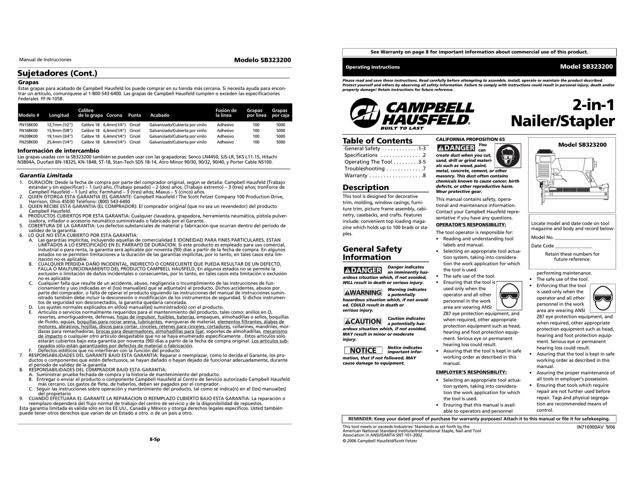 Campbell Hausfeld SB323200 Staple Gun User Manual